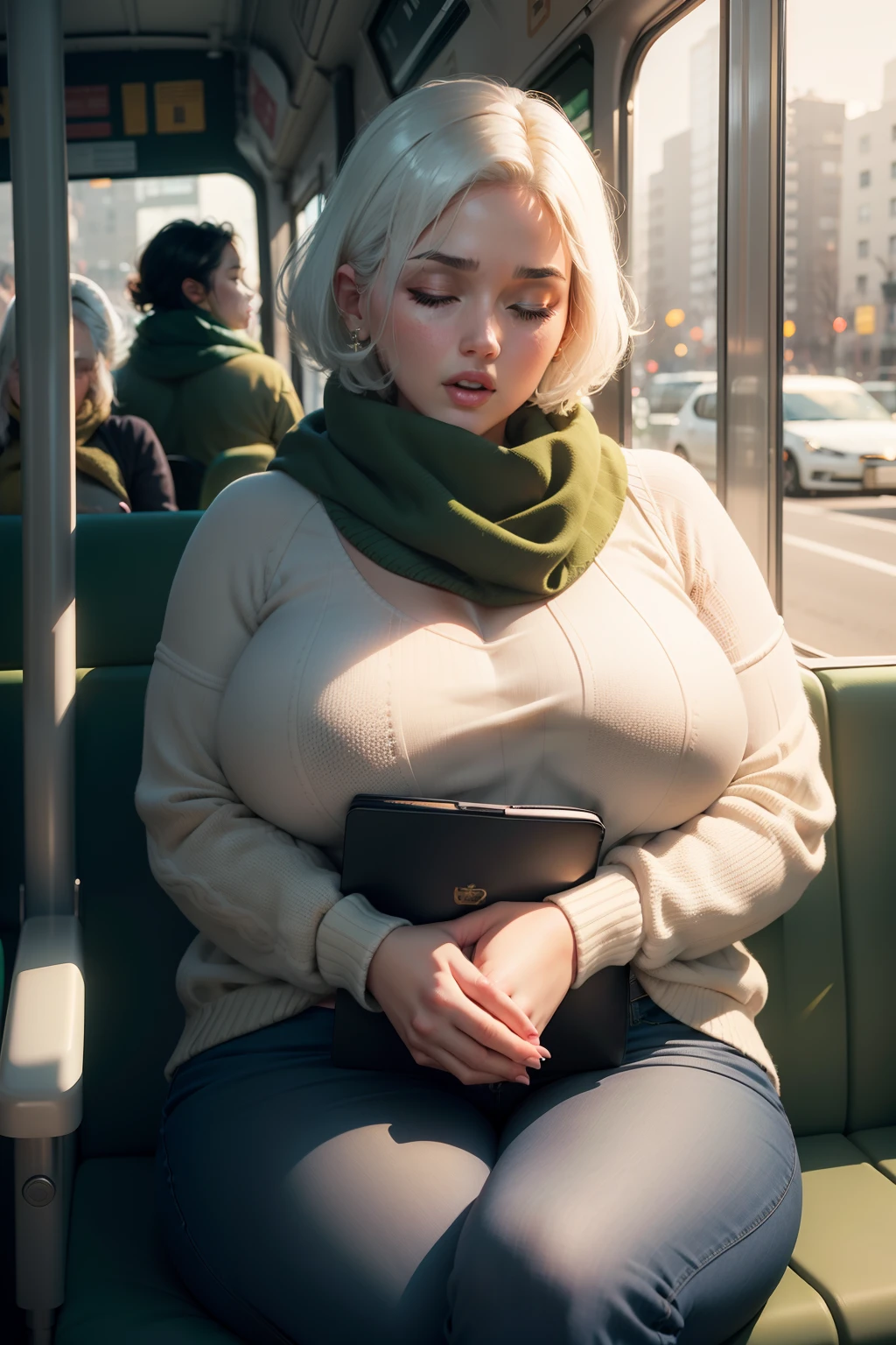 1 beautiful woman, adult, large body, voluptuous woman, very short hair, white hair, outlined eyelids, made-up eyelids, GREEN sweater, yellow scarf, neckline, blue jeans, black handbag, sleeping sitting on the bus, mouth open, eyes closed .