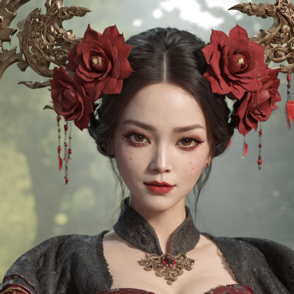 （tmasterpiece，best qualtiy，realisticlying：1.37），（Complex and sophisticated，Highly detailed skin and face），Beautiful vampire queen in black dress suite，Wrapped in a luxurious dark hooded robe，Dark roses adorn her fabric，（head gear，rosette，Skull decoration，red colour，deep colour），Red eyes，Snow forest in the background，cinematic pastel lighting，8k wallpaper，Solidarity，art  stations，High resolution CG，figure portrait,（best qualtiy，8K，tmasterpiece:1.3），（美丽细致的眼睛）， （Super detail）， （Desktop wallpapers）， （Detailed face），Rays emit light, lightwave, Panoramic lighting, atmosphric perspective, zori,Anti – Aliasing: 5D, lightpainting, colours、 Beautiful face，perfect figure beautiful woman:1.4， Clear facial features, Symmetrical transparent wings, stunning detailed，The beauty of classical Chinese gardens，Chinese aesthetics，Very detailed photos of women，Lola Daisy，Hanfu，silkouette，Main view，full bodyesbian，8K, Ultra HD，RAW photography，model shoot，adolable，closeup cleavage，Tradition Chinese Ink Painting style,Hanfu,Embroidered,Chinese costume,Front view,Full body shot，((best qualtiy)), ((tmasterpiece)), (the detail:1.4), hdr（HighDynamicRange）,Ray traching,NVIDIA RTX,Hyper-Resolution,Unreal 5,Subsurface scattering、PBR Texture、post-proces、Anisotropy Filtering、((Best quality)), ((Masterpiece)), (Highly detailed:1.3),Masterpiece, Best quality, Translucent skin, （tmasterpiece，best qualtiy，realisticlying：1.37），（Complex and sophisticated，Highly detailed skin and face）， full bodyesbian，Black color hair， Clear face， tmasterpiece， super detailing， Epic composition， hyper HD， high qulity， extremely detaile， offcial art， Uniform 8K wallpaper， super detailing，High resolution CG，depth of fields、maximum definition and sharpness、Many-Layer Textures、Albedo e mapas Speculares、Surface coloring、Accurate simulation of light-material interactions、rendering by octane、Two-colored light、largeaperture、Low ISO、White balance、the rule of thirds、8K raw data，highr,nylon,long leges,Little ass,Indifferent eyes,corduroy,velveteen,Spandex,Aika,Realistic art,Dominatrix,femdom, Chinese face，Lace mask，Lace eye patch，high and cold，180cm tall，trpical garden，Thick pantyhose，Slim, Anatomically correct，perfect proportion body，with perfect legs，High-end jewelry，casting spells，With lace eye patch，