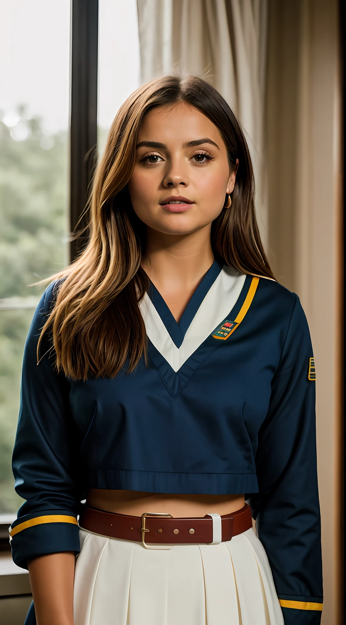 Foto RAW, Jenna Coleman com uniforme de estripe(pele altamente detalhada: 1.2), 8k UHD, DSLR, soft-lighting, alta qualidade, grain of film, Fujifilm XT3