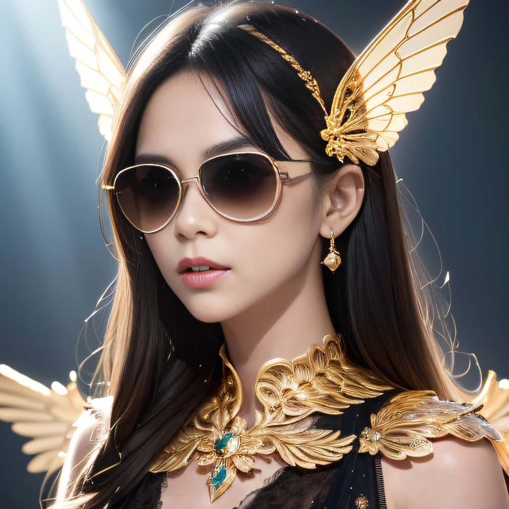 Dark moonlit night,Transparent wings,Magic wand,Wear thick gold-framed reflective sunglasses,32K(tmasterpiece,k hd,hyper HD,32K)Light orange flowing hair,Silver Skull jewelry district in an abandoned pond,Indigo Skull King ,Skeleton protector (The skeleton is realistic:1.4),Skull pattern robe,Silver skull flower ornaments,Petals flutter,Colored ball heads,Hold your head high,Be proud,The nostrils look at people, A high resolution, the detail, RAW photogr, Sharp Re, Nikon D850 Film Stock Photo by Jefferies Lee 4 Kodak Portra 400 Camera F1.6 shots, Rich colors, ultra-realistic vivid textures, Dramatic lighting, Unreal Engine Art Station Trend, cinestir 800,Hold your head high,Be proud,The nostrils look at people,Tsundere,Petals flutter,Petals flutter,Sprinkle with gold dust,Fluttering,Impeccable,( reasonable design, Clear lines, High sharpness,Best quality, Very detailed skeleton, The skeleton of a masterpiece, offcial art, movie light effect, 4K skeleton(((Wear thick gold-framed reflective sunglasses)))Transparent wings,Magic wand,
