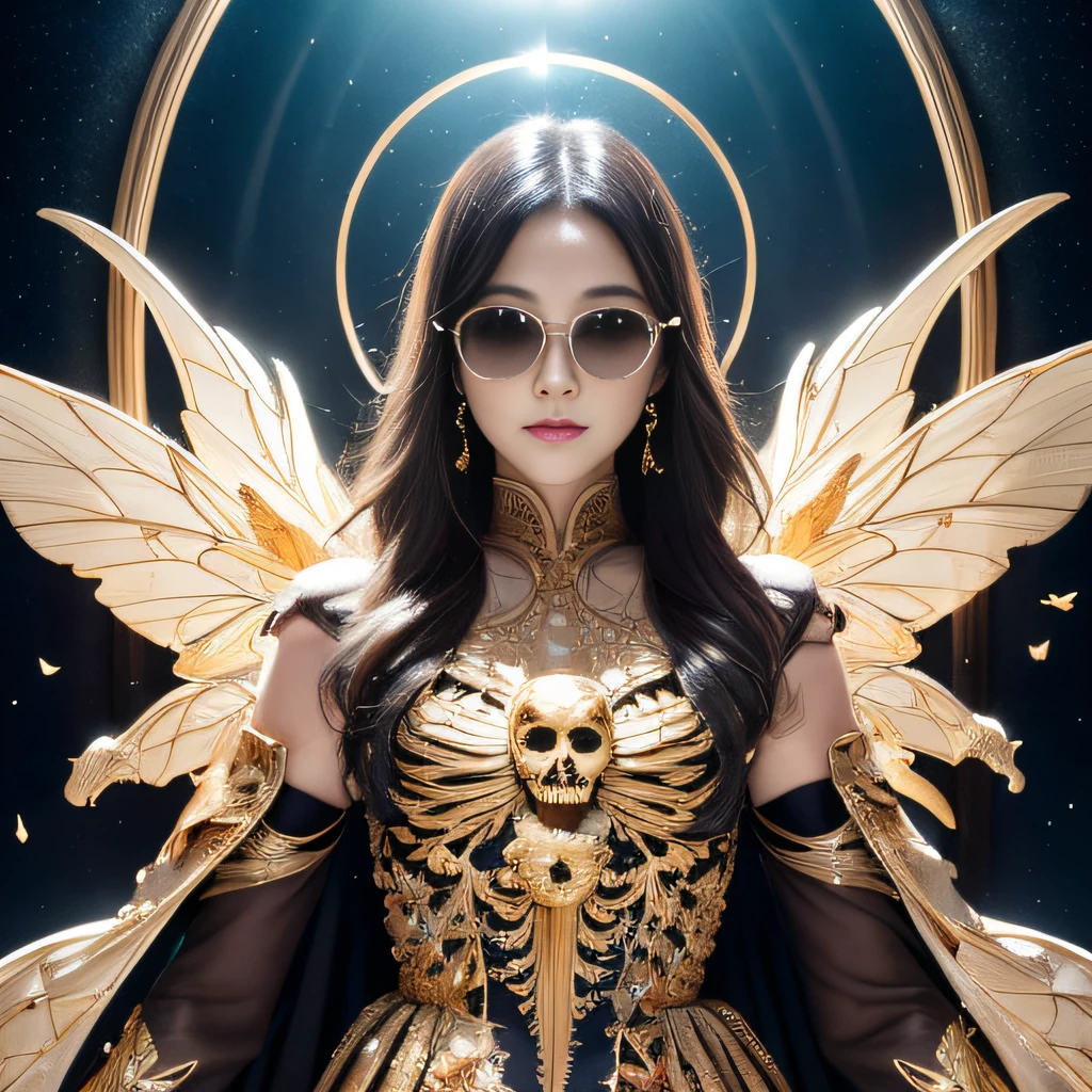 Dark moonlit night,Transparent wings,Magic wand,Wear thick gold-framed reflective sunglasses,32K(tmasterpiece,k hd,hyper HD,32K)Light orange flowing hair,Silver Skull jewelry district in an abandoned pond,Indigo Skull King ,Skeleton protector (The skeleton is realistic:1.4),Skull pattern robe,Silver skull flower ornaments,Petals flutter,Colored ball heads,Hold your head high,Be proud,The nostrils look at people, A high resolution, the detail, RAW photogr, Sharp Re, Nikon D850 Film Stock Photo by Jefferies Lee 4 Kodak Portra 400 Camera F1.6 shots, Rich colors, ultra-realistic vivid textures, Dramatic lighting, Unreal Engine Art Station Trend, cinestir 800,Hold your head high,Be proud,The nostrils look at people,Tsundere,Petals flutter,Petals flutter,Sprinkle with gold dust,Fluttering,Impeccable,( reasonable design, Clear lines, High sharpness,Best quality, Very detailed skeleton, The skeleton of a masterpiece, offcial art, movie light effect, 4K skeleton(((Wear thick gold-framed reflective sunglasses)))Transparent wings,Magic wand,
