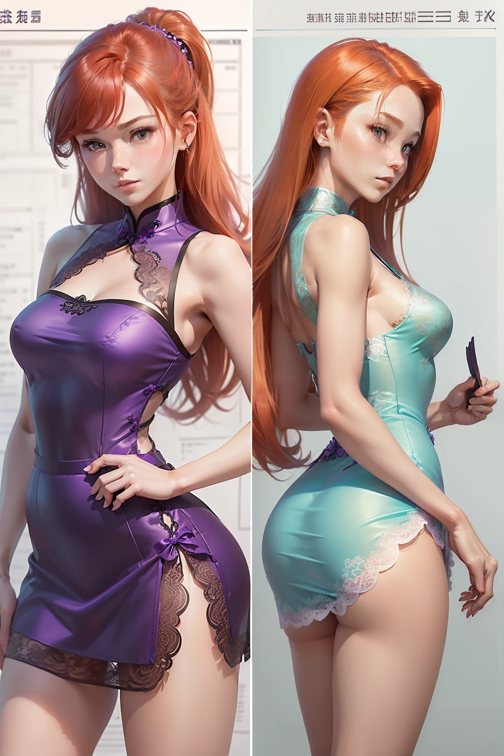 ((Best Quality)), ((Masterpiece)), ((Realistic)) 19 year old, redhead girl, shoulder length hair, relaxed happy face ((slender)) (busty), ((( cheongsam turquoise lace dress))) (((mini skirt))) ((up skirt)) ((purple thong)) ((sexy dress)) bun hairstyle (((detailed character sheet, frontal view, side view, three quarter view))) (((white background))) 6 and a half heads full body