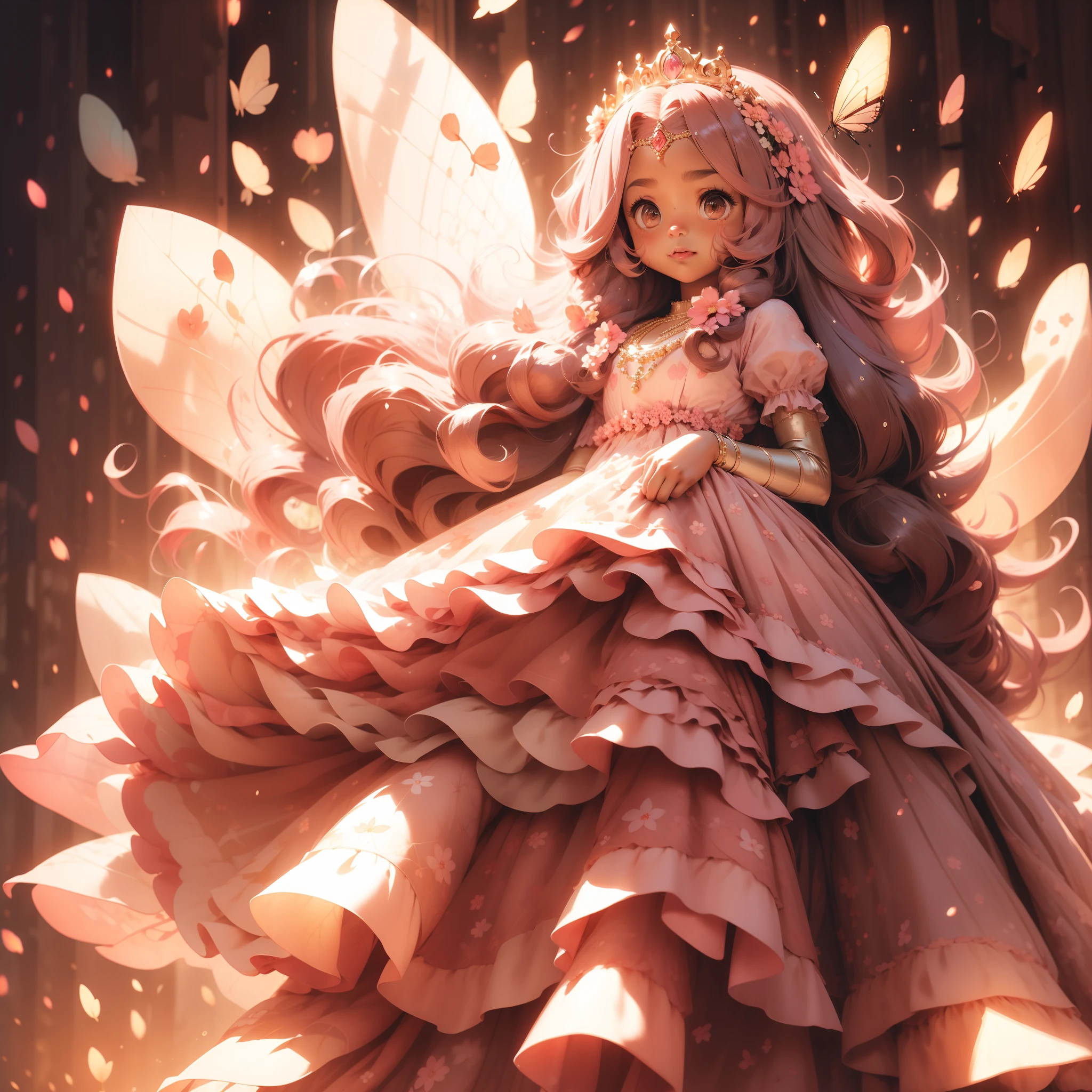 A brown skin girl with long pink hair, a princess Fairly, pretty face, wearing a tiara, a flowery dress, high quality pictures