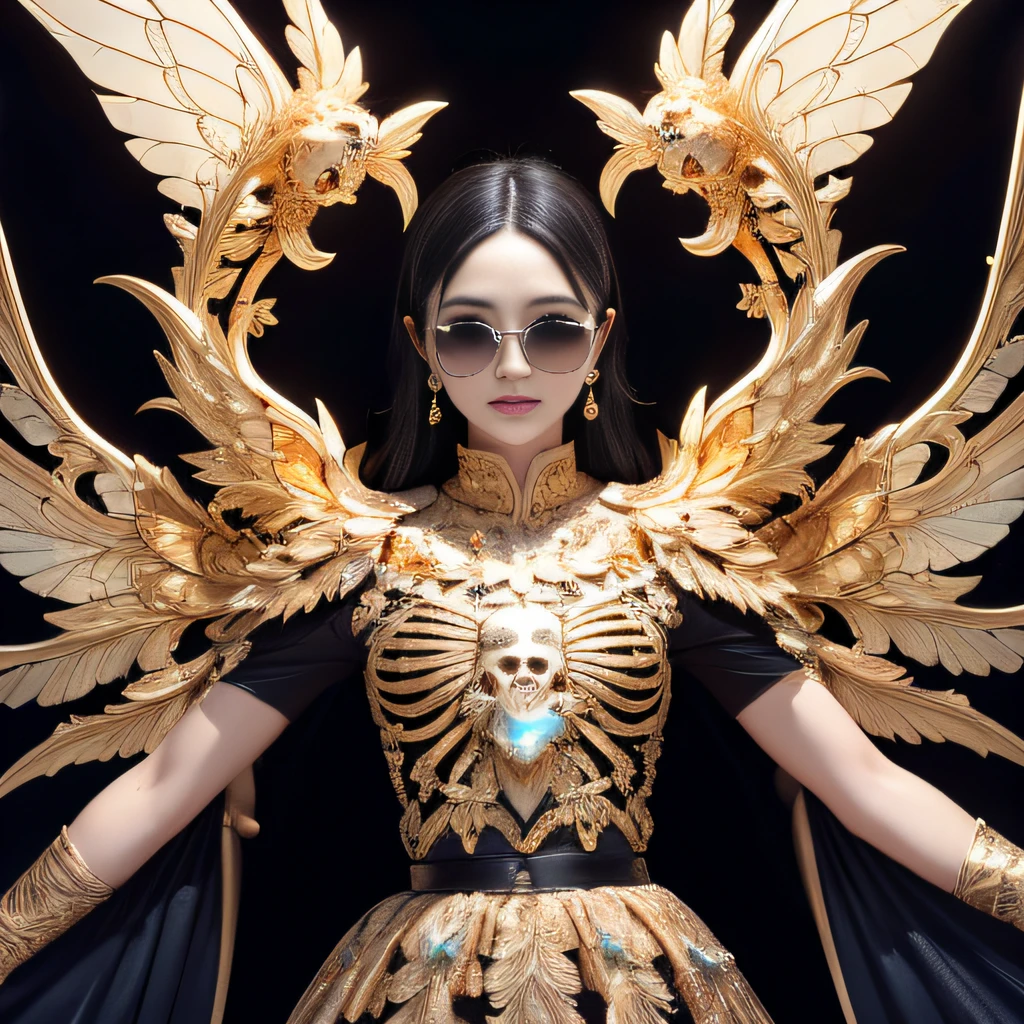 Skeleton rust wind，Wear thick gold-framed reflective sunglasses，32K（tmasterpiece，k hd，hyper HD，32K）Light chrysanthemum flowing hair，Silver skull jewelry area in the cave，Indigo Skull King ，ice hockey（The skeleton is realistic：1.4），Skull pattern robe，Silver skull light blue ornament，Petals flutter，The background of autumn is pure，Hold your head high，Be proud，The nostrils look at people， A high resolution， the detail， RAW photogr， Sharp Re， Nikon D850 Film Stock Photo by Jefferies Lee 4 Kodak Portra 400 Camera F1.6 shots, Rich colors, ultra-realistic vivid textures, Dramatic lighting, Unreal Engine Art Station Trend, cinestir 800，Hold your head high，Be proud，The nostrils look at people，Tsundere，Petals flutter，Petals flutter，Sprinkle with gold dust，Fluttering，Impeccable，( reasonable design, Clear lines, High sharpness,Best quality, Very detailed skeleton, The skeleton of a masterpiece, offcial art, movie light effect, 16K skeleton（（（Wear thick gold-framed reflective sunglasses）））
