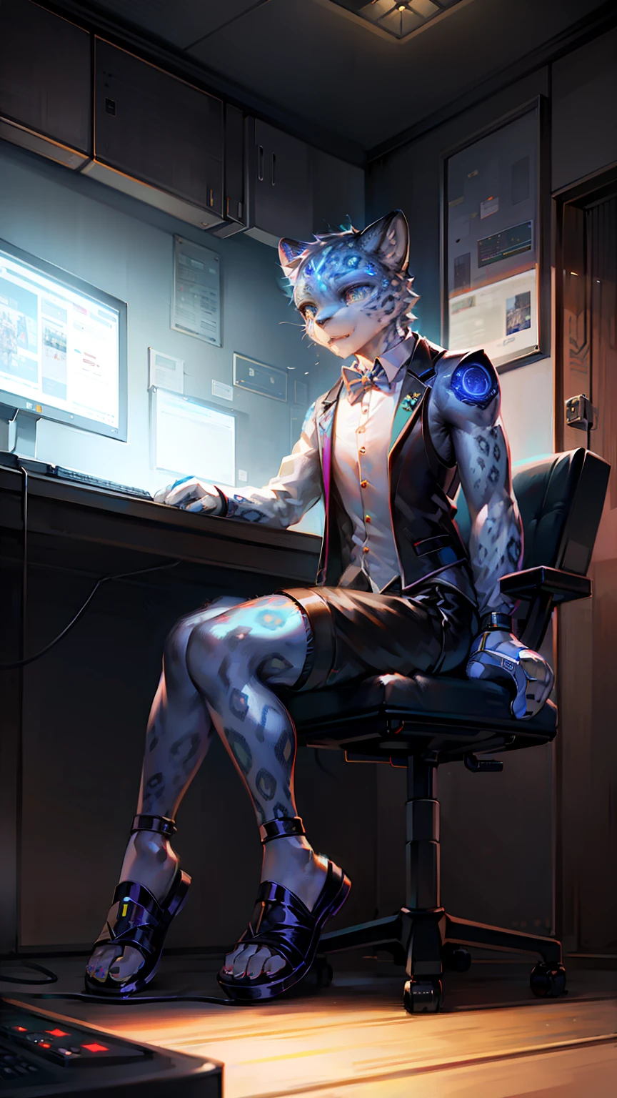 robot Leopard,Wear white vest,Black shorts,sandals。electrical wires,Electric currents,Computer,sit on a bed,(photo-realistic)