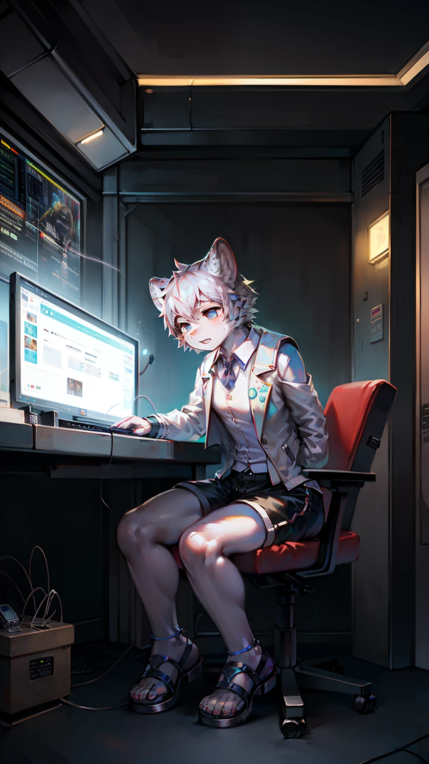 robot Leopard,Wear white vest,Black shorts,sandals。electrical wires,Electric currents,Computer,sit on a bed,(photo-realistic)