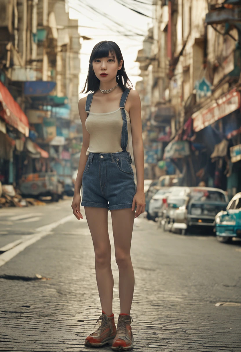 masterpiece、top-quality、超A high resolution、(Photorealsitic:1.4)、beautiful lighting、Raw photography、hyperdetailed face、Beautiful Japan、Slender Woman、((Wearing a T-shirt and overalls))、longshot、short-cut、F-cup、Poses that emphasize the chest、Filming at the seaside