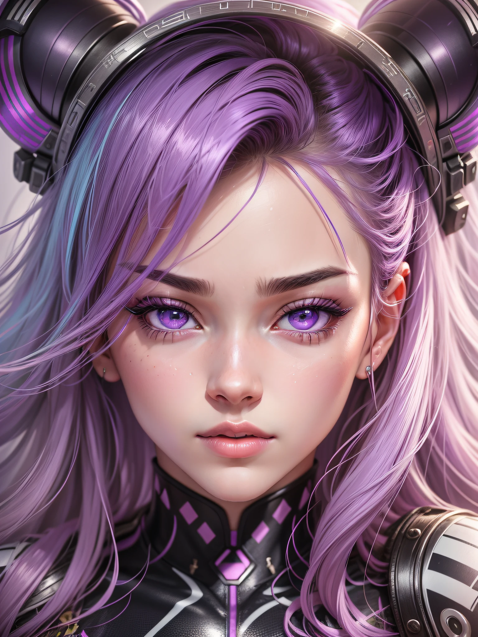 hair bobbles, longeyelashes, solid circle eyes, light smile, purple hair, colored inner hair, Surrealism, drop shadow, anaglyph, stereogram, tachi-e, pov, atmospheric perspective, 8k, super detail, ccurate, best quality, award winning --auto