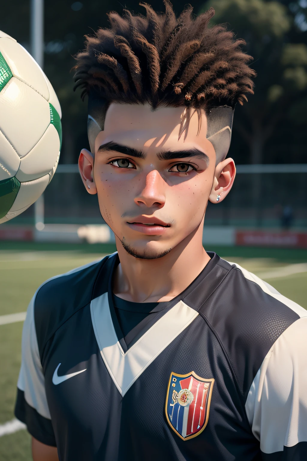 jovem jogador de futebol na escola, retrato, vista frontal, (cabelo fade)