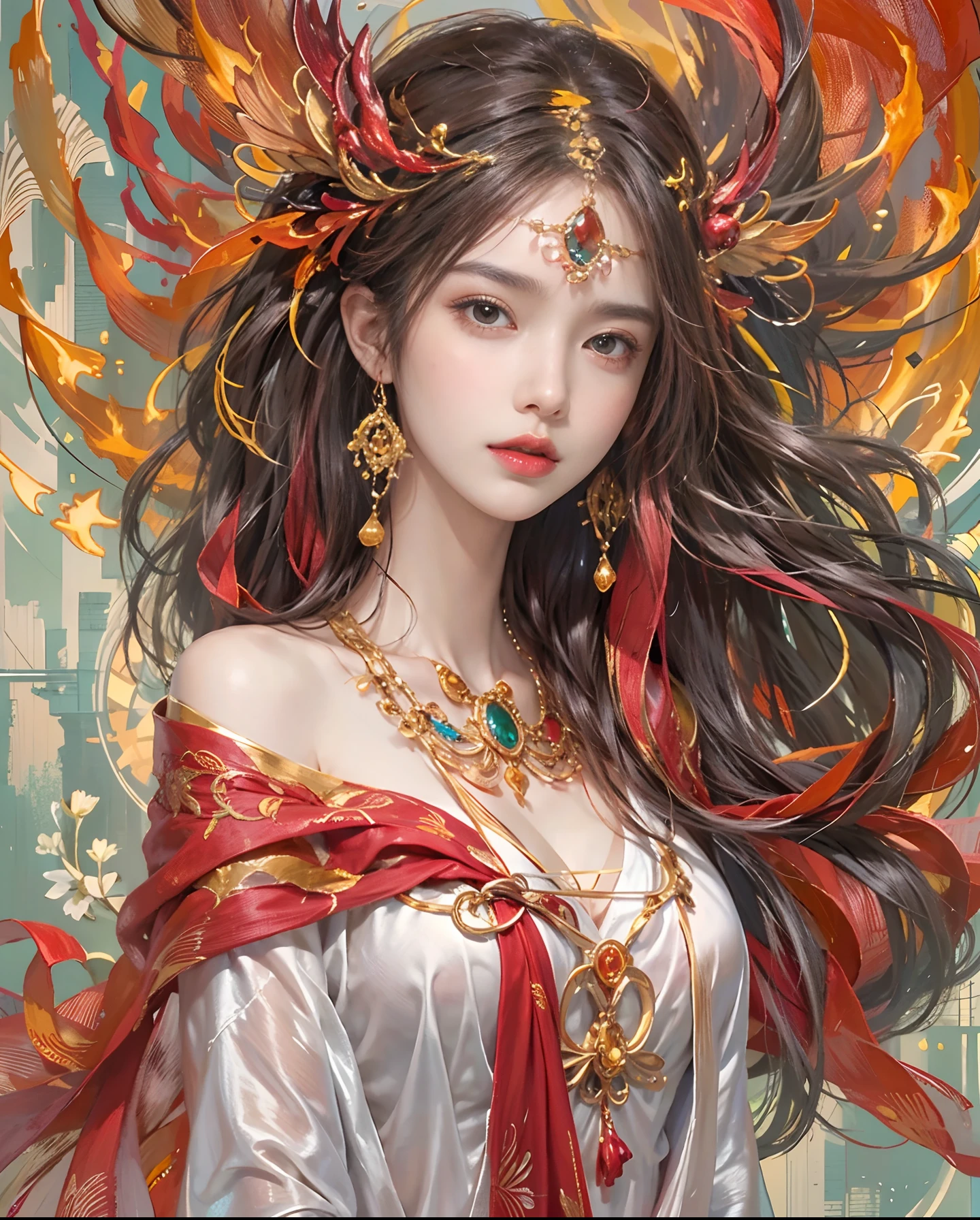 Official art、Flame Wizard、Beautiful woman in red ugly robes with open breasts、PerfectNwsjMajic,(​masterpiece、top-quality、top-quality、Official art、Beautifully Aesthetic:1.2)、(1girl in)、ighly detailed、colourfull、highestdetailed、Official art、Unity 8k壁纸、ultra-detailliert、Beautifully Aesthetic、Beautiful face in detail、​masterpiece、top-quality、(Zentangle、a Mandala、Tangles、Entanglement)、Sacred Flame、pure、There are also resilient messages, Overcoming and hope. Breasts are small and B size、A slender、The chest is open、Eyes are double（A detailed eye）, Beautifully detailed、Hair that flutters in the wind、Maroon Gradient Hair Color、Hair is red、high-heels、Gold Anklet、Phoenix in the background、Beautiful girl who can obey the big firebird、