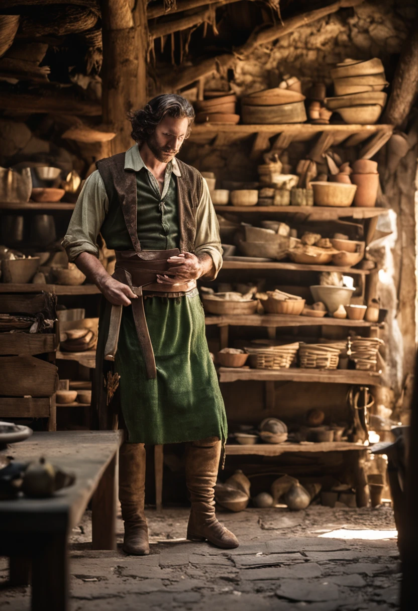 Full body full body photo of a Gorgeos guy in the green of a sixteenth-century village shop, e pleiteando ajuda. He's so strong. Trata-se de um jovem de 25 anos, um jovem atarracado e forte, who wears a stained leather apron and works with his hands;. ::imagem cristalina, altamente detalhado, Magic touches, ultra high-resolution, Widescreen aspect ratio, cinemactic, Fotografia Completa, Fotografado na lente de 100mm, Ultra - grande angular, profundidade de campo, hiper - detalhado, lindamente colorido, detalhes insanos, detalhes intrincados, Motor irreal, cinemactic, color grading, cinematic photography, fotografia, Fotografado em lente de 150mm, profundidade de campo, DOF, Tilt Blur, Velocidade do obturador 1/ 1000, F/ 22, White balance, 32k, Super - Resolution, Megapixel, ProPhoto HDR, SEX, Massive, Halfrear Lighting, luz de fundo, natural lighting, Incandescente, fiber optics, Moody Lighting, Cinematic lighting, studio lighting, soft lighting, volumetric, beautiful lighting, highlight lighting, global ilumination, Global Screen Space Illumination, Ray Tracing Global Illumination, Optics, Scattering, brilhante, Sombras, Rough, Cintilante, ray tracing reflections, Lumen reflections, screen space reflections, Diffraction Grading, chromatic aberration, Deslocamento de GB, Linhas de varredura, Ray Traced, Ray Tracing Ambient Occlusion, anti - aliasing, FKAA, TXAA, RTX, SSAO, Shaders, OpenGL - Sombreadores, GLSL - Sombreadores, Post processing, post - production, O Sombreamento, Mapeamento de tons, .cgi, VFX, SFX, Insanamente detalhado e intrincado, hipermaximalista, hyper realistic, super detalhado, dynamic pose, fotografia --v 5.0 --s 1000