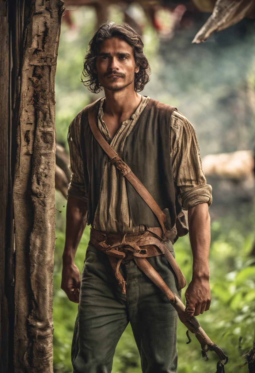 Full body full body photo of a Gorgeos guy in the green of a sixteenth-century village shop, e pleiteando ajuda. He's so strong. Trata-se de um jovem de 25 anos, um jovem atarracado e forte, who wears a stained leather apron and works with his hands;. ::imagem cristalina, altamente detalhado, Magic touches, ultra high-resolution, Widescreen aspect ratio, cinemactic, Fotografia Completa, Fotografado na lente de 100mm, Ultra - grande angular, profundidade de campo, hiper - detalhado, lindamente colorido, detalhes insanos, detalhes intrincados, Motor irreal, cinemactic, color grading, cinematic photography, fotografia, Fotografado em lente de 150mm, profundidade de campo, DOF, Tilt Blur, Velocidade do obturador 1/ 1000, F/ 22, White balance, 32k, Super - Resolution, Megapixel, ProPhoto HDR, SEX, Massive, Halfrear Lighting, luz de fundo, natural lighting, Incandescente, fiber optics, Moody Lighting, Cinematic lighting, studio lighting, soft lighting, volumetric, beautiful lighting, highlight lighting, global ilumination, Global Screen Space Illumination, Ray Tracing Global Illumination, Optics, Scattering, brilhante, Sombras, Rough, Cintilante, ray tracing reflections, Lumen reflections, screen space reflections, Diffraction Grading, chromatic aberration, Deslocamento de GB, Linhas de varredura, Ray Traced, Ray Tracing Ambient Occlusion, anti - aliasing, FKAA, TXAA, RTX, SSAO, Shaders, OpenGL - Sombreadores, GLSL - Sombreadores, Post processing, post - production, O Sombreamento, Mapeamento de tons, .cgi, VFX, SFX, Insanamente detalhado e intrincado, hipermaximalista, hyper realistic, super detalhado, dynamic pose, fotografia --v 5.0 --s 1000
