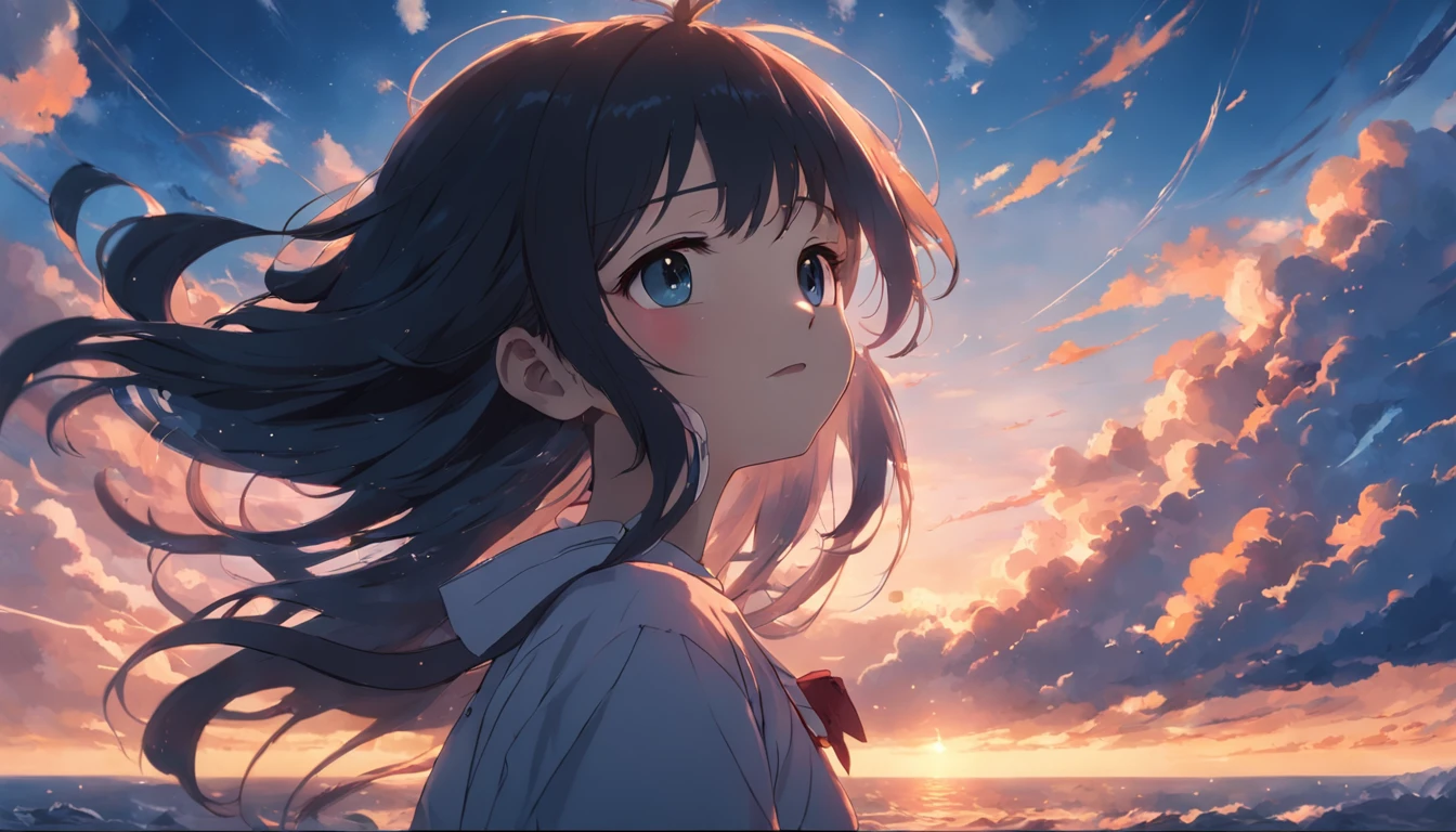 masterpiece、top-quality、Movie stills、1girl、Dark hair、Cloud Girl、floating in sky、a closeup、发光、happiness、Warm soft lighting、the setting sun、(Spark:0.7)