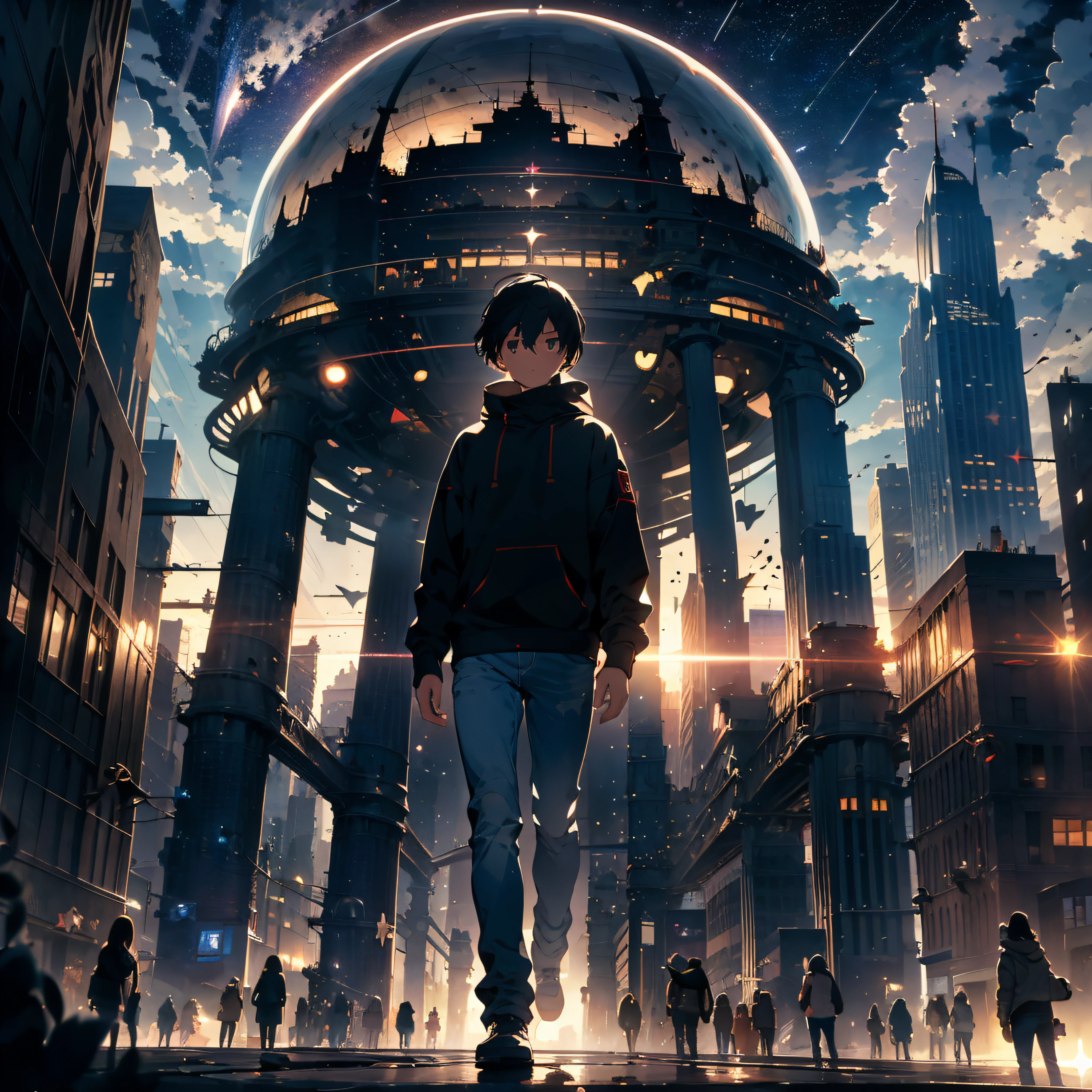 a giant mirrored sphere floating in space, a futuristic city, new york, statue of liberty, perspective, twinkling lights, a man admiring, jeans, sweatshirt, (dark sky with clouds and stars:1.3), particles in the air, ray of god, detailed, masterpiece, high resolution, best quality, HD detail, hyper-detail, cinematic, surrealism, soft light, ray tracing and surrealism, smooth, masterpiece.