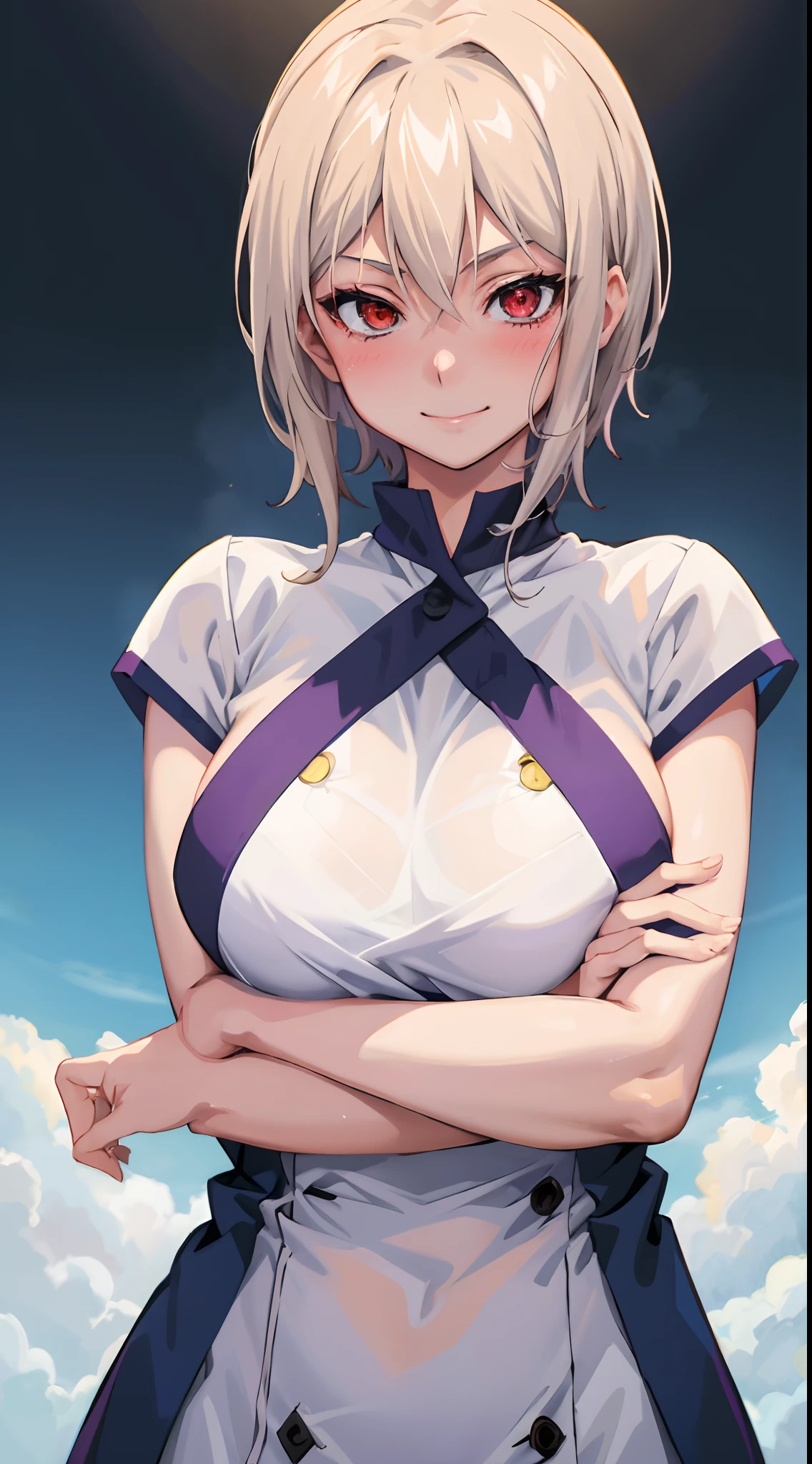 masterpiece, best quality, AliceKV4, 1girl, solo, looking at viewer, smile, parody, anime coloring, standing, crossed arms, ((((upper body)))), blushed, bra, healthy skin