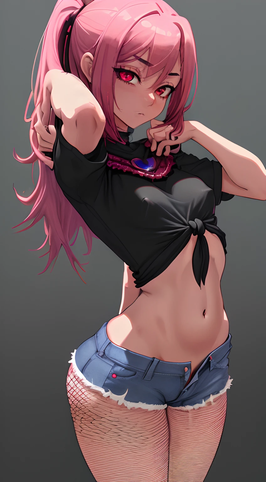 A portrait of a teasing ager, standing, voluminous detail, see through shirt lift, crop top peering , semi-torn stimulating waistline unbuttoned booty Jean shorts, shiny skin, best shadow, (4k ultra HD), open navel, detailed midriff, overlapping thighs with fishnets, alluring beautiful face with garnet red eyes, tying hair, waist leaning to a side, juicy gluteus Maximus