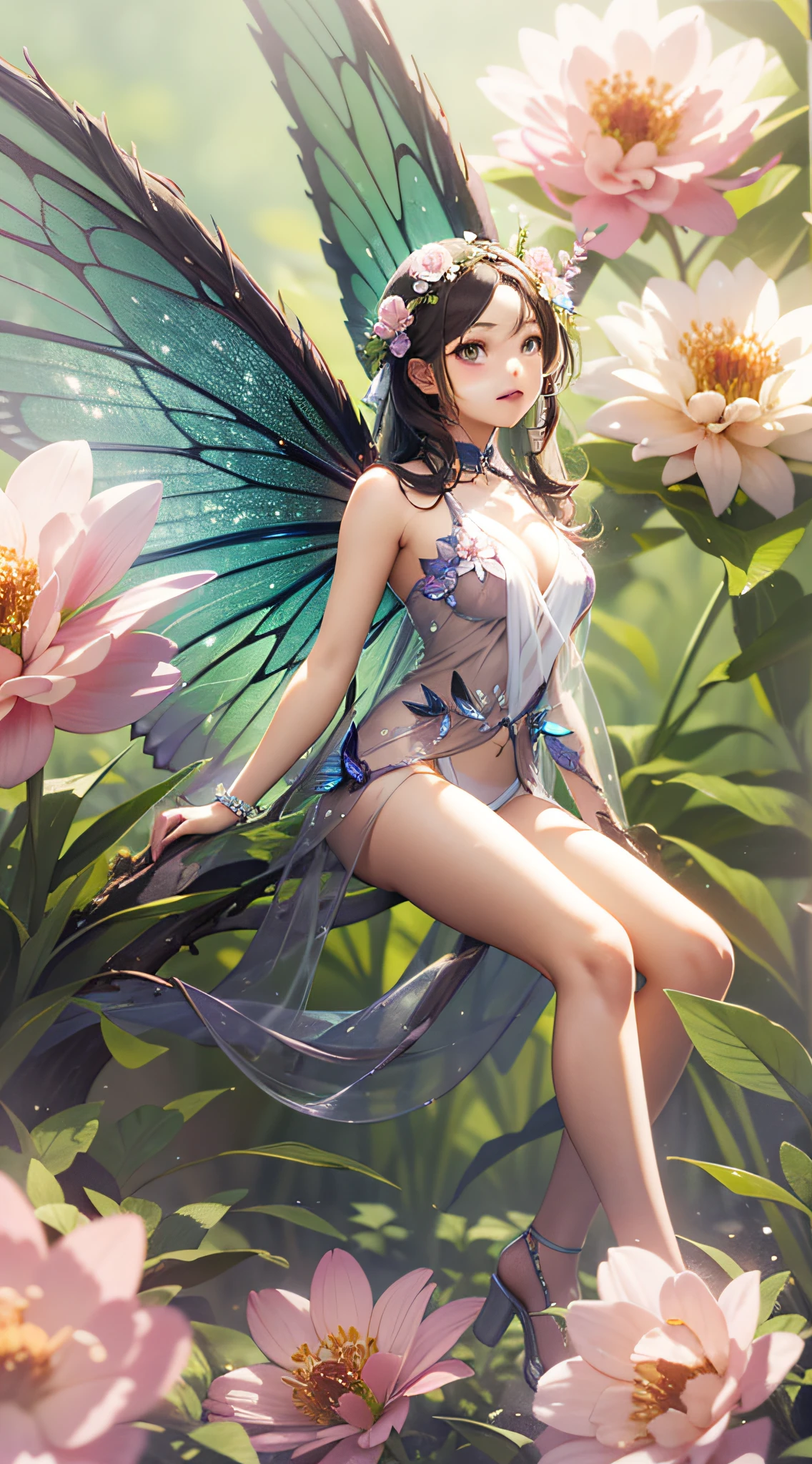 Flower Fairy、Surrounded by flowers、Beautiful girl with transparent wings on her back、When you take off, glowing scales fly、Sitting on a flower、Highly detailed background，Realistic，ultra-detailliert，super detailed skin，light glow，Film grain，Expro II，Lens Flare，Sharpen，cinematic shadow