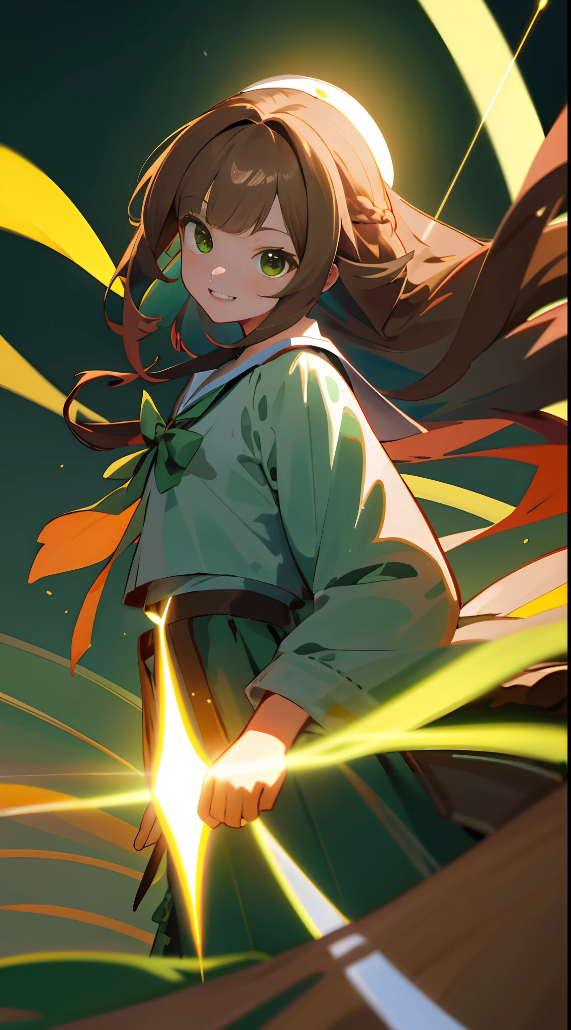 High frame rate,Masterpiece,Best quality,offcial art,Extremely detailed Cg Unity 8K wallpaper, 1girl solo, Sassy girl, brown hairs,Nice hairstyle,Girl with long brown hair,long whitr hair,green pupills,Green eyes,a sailor suit,Surrounded by light,ssmile,Happy expression,Holding a short bow。