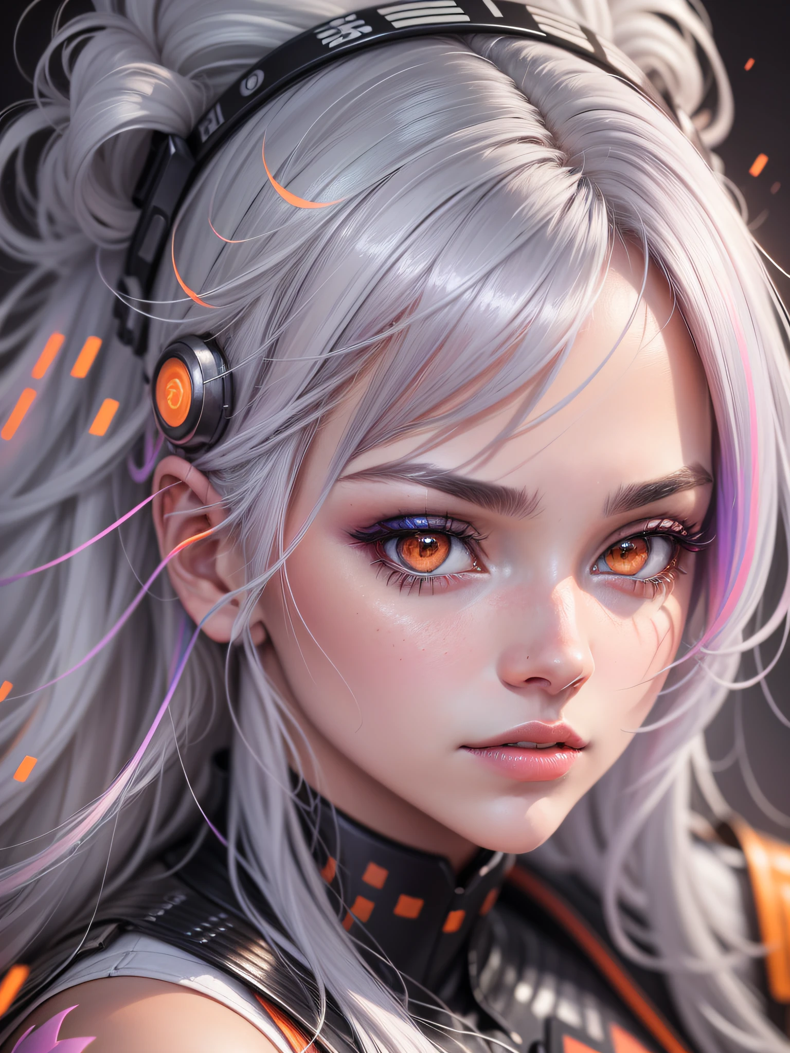 'Close up portait beautiful girl, silver hair, orange eyes, in modern fighting costume, hyper realistic, pastel colors, complementary colors, soft colors, vibrant colors, dramatic colors, vaporwave, retrowave, black and white, colorfull, artochrome, highly detailed, 4k'