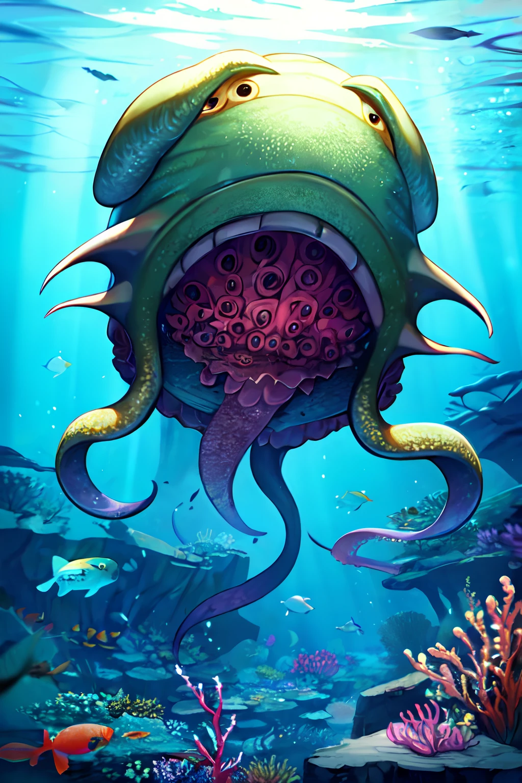 Cthulhu,Monster,Fish,tentaculata，A polluted underwater world，There is no light in the sky