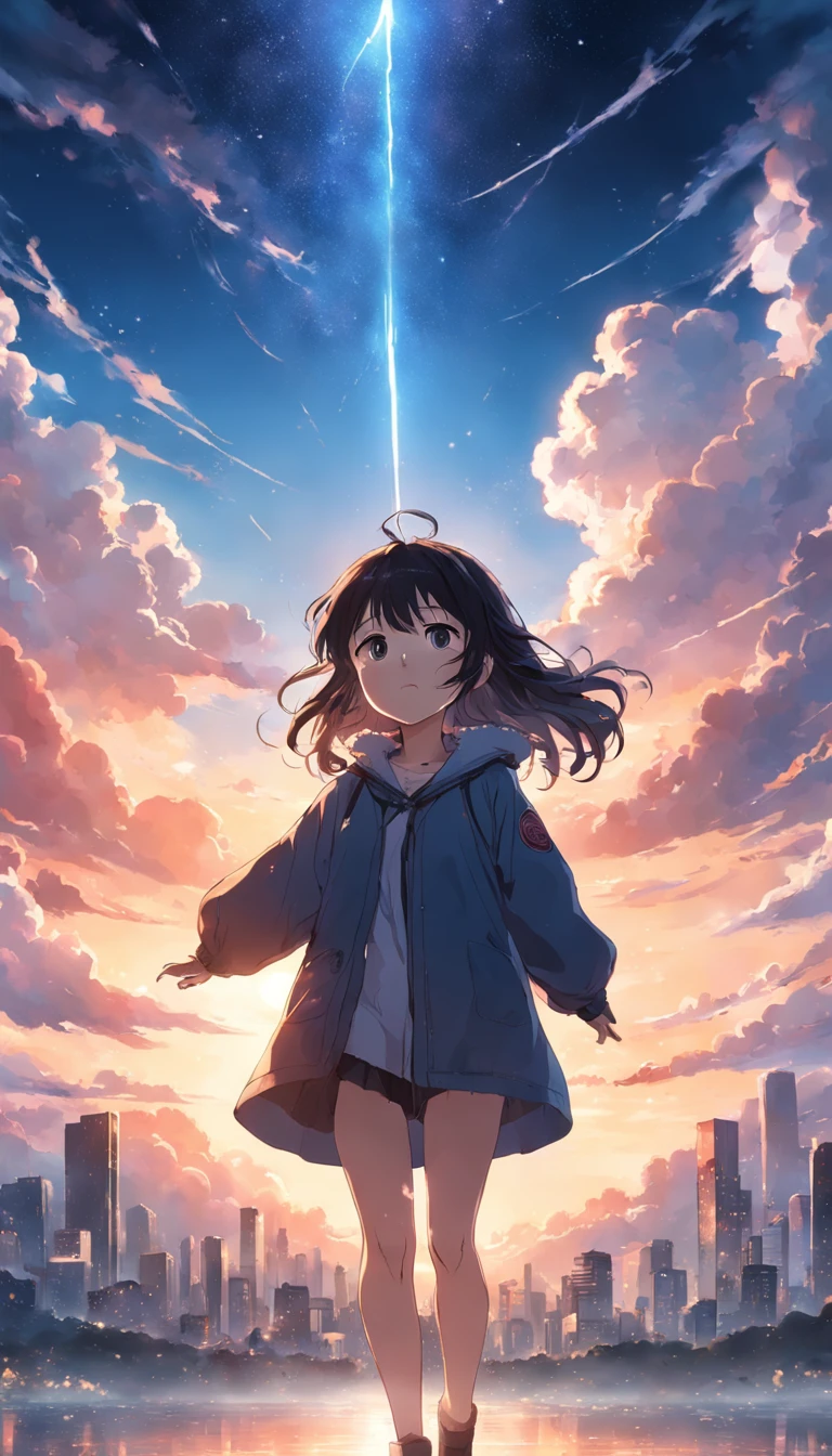 masterpiece、top-quality、Movie stills、1girl、Dark hair、parka、Cloud Girl、floating in sky、a closeup、发光、happiness、Warm soft lighting、the setting sun、(Spark:0.7)