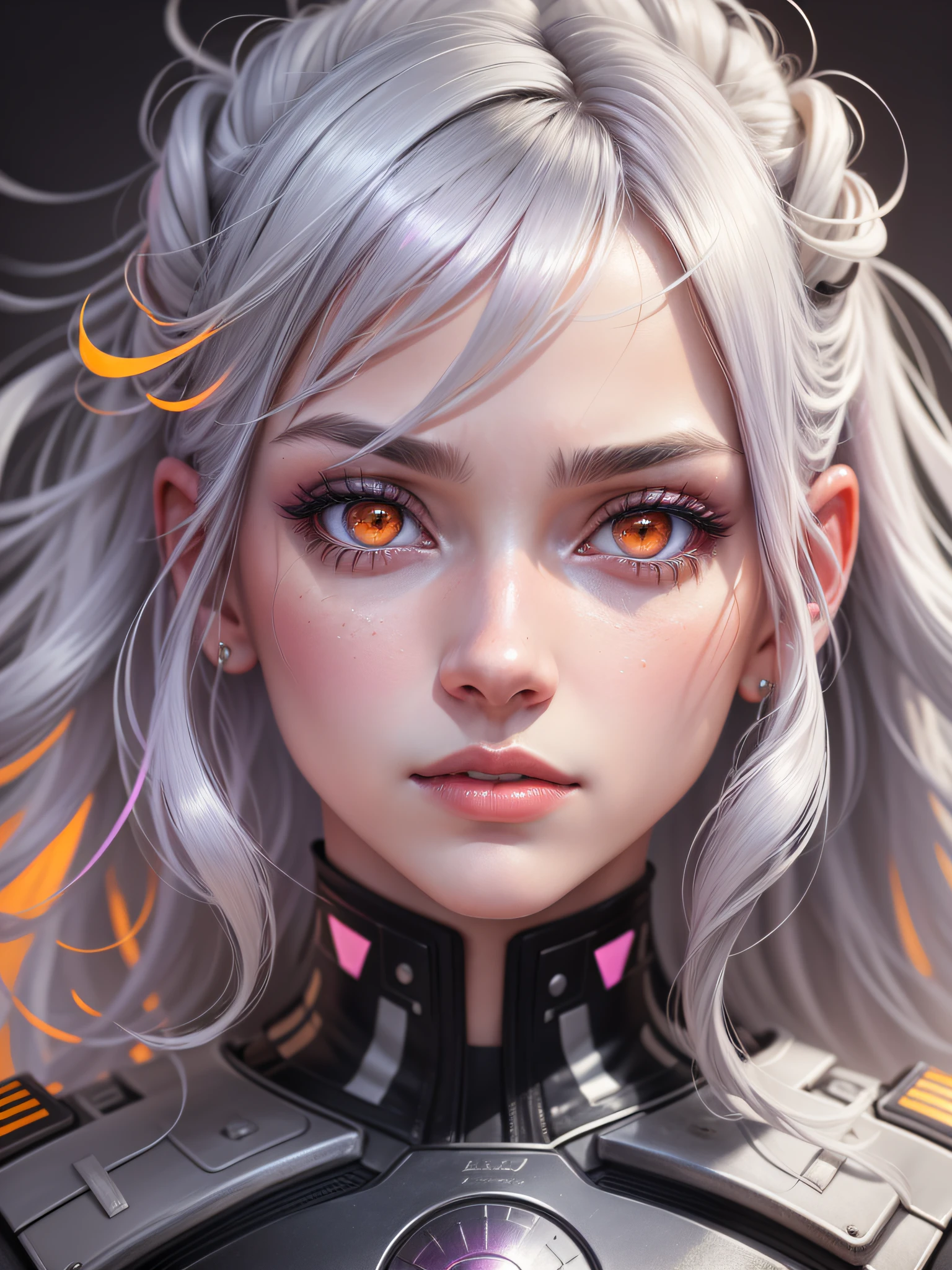 'Close up portait beautiful girl, silver hair, orange eyes, in modern fighting costume, hyper realistic, pastel colors, complementary colors, soft colors, vibrant colors, dramatic colors, vaporwave, retrowave, black and white, colorfull, artochrome, highly detailed, 4k'