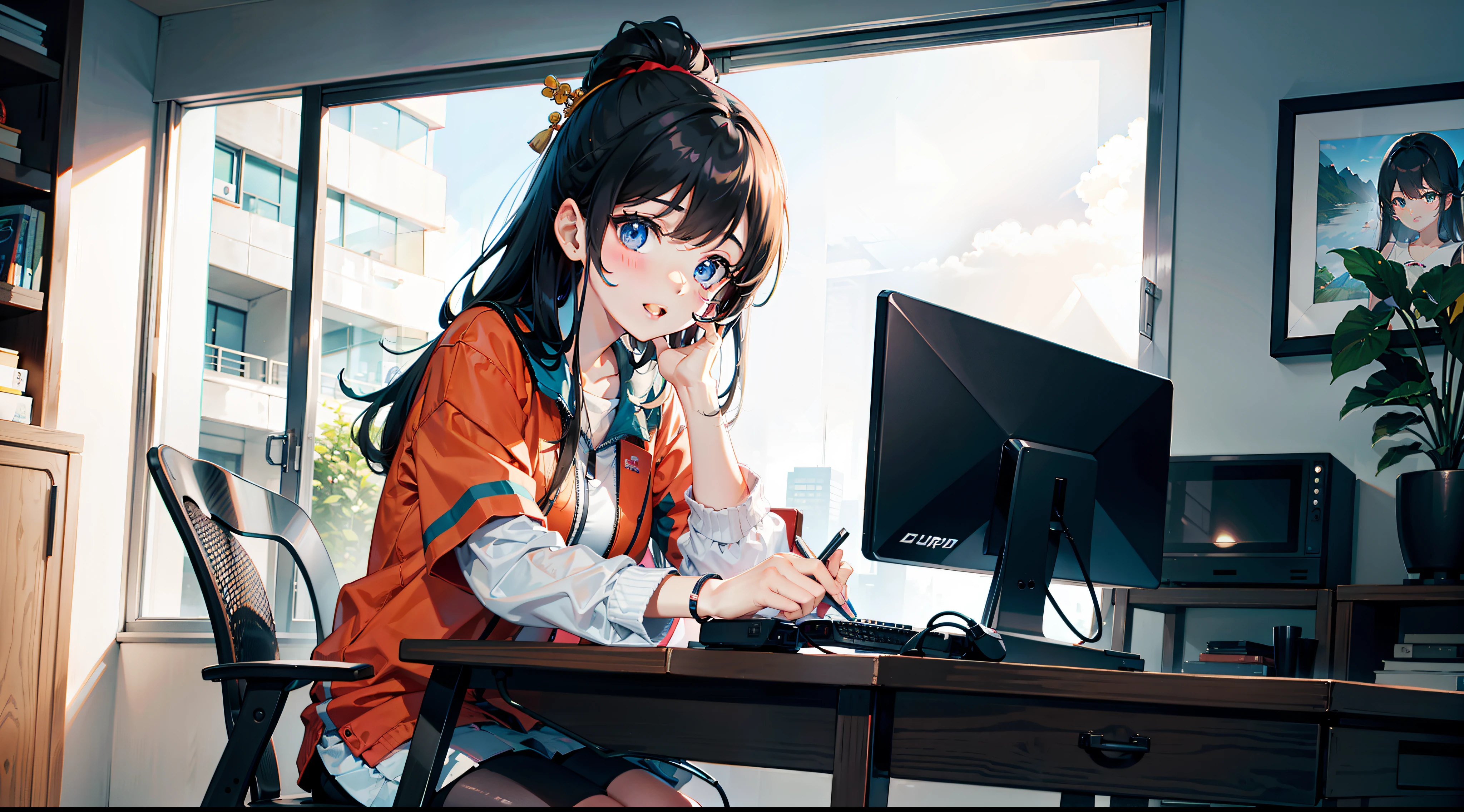 ChineseGirl,Computer,Sit in the room