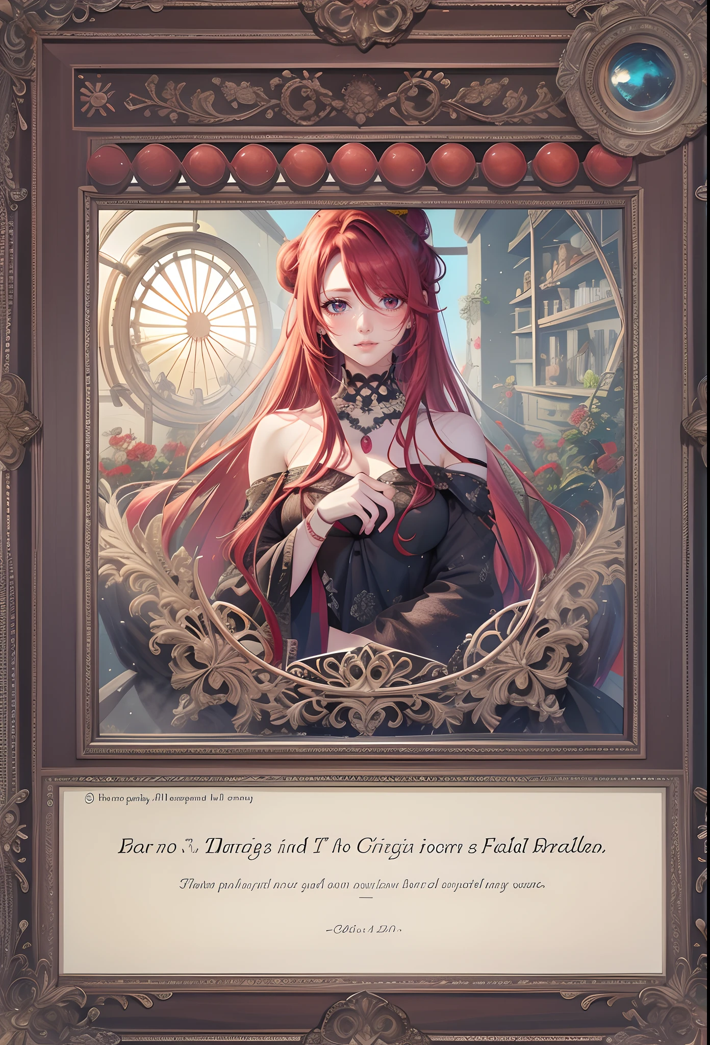Drawn as a raw graphic,Red-haired mature female,hair-bun,The crystal frame is broken