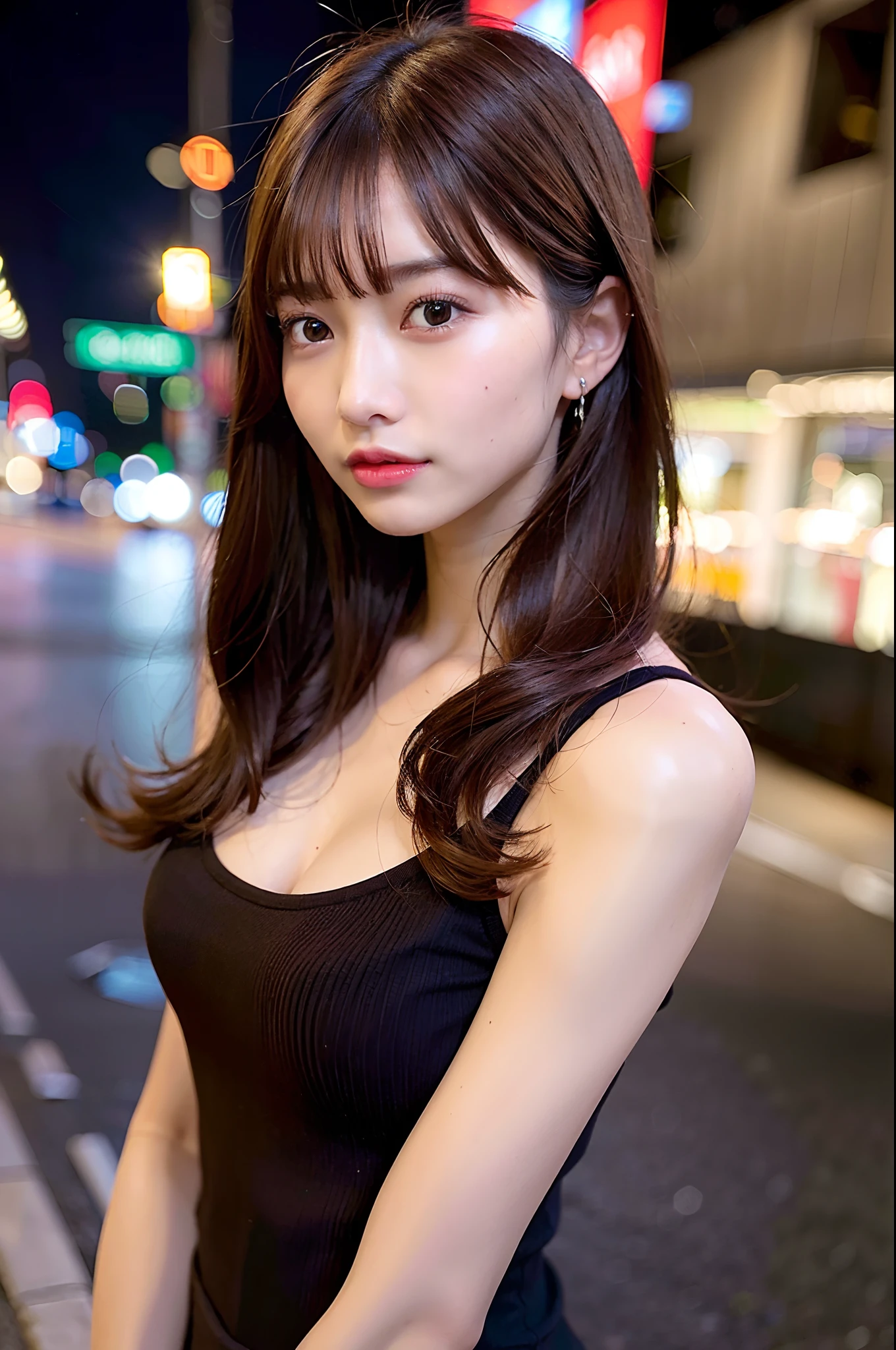 (Best quality, High resolution, Masterpiece :1.3), A pretty woman, Slender figure, Dark brown hair, T-shirt, (Street in city at night), Highly detailed face and skin texture, Detailed eyes, Double eyelid