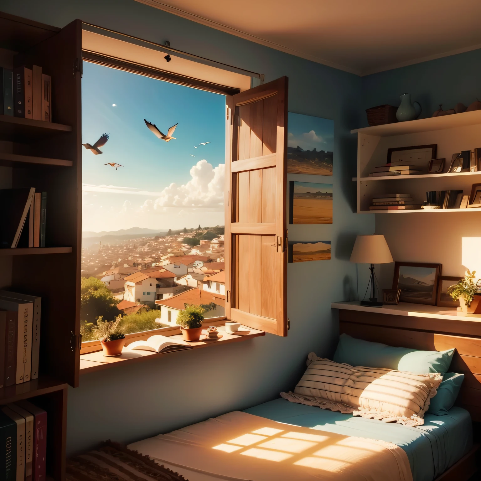 estou dentro do quarto, olhando a paisagem pela janela, On the shelf of the room has books and a cup of coffee, do lado de fora da janela tem montanhas, birds on sky, um lindo amanhecer, pintura detalhada