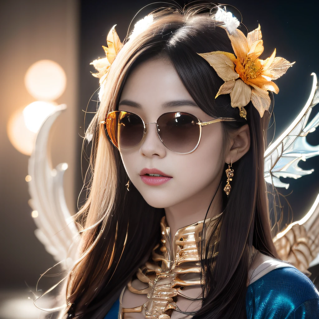 Dark moonlit night,Transparent wings,Magic wand,Wear thick gold-framed reflective sunglasses,32K(tmasterpiece,k hd,hyper HD,32K)Light orange flowing hair,Silver Skull jewelry district in an abandoned pond,Indigo Skull King ,Skeleton protector (The skeleton is realistic:1.4),Skull pattern robe,Silver skull flower ornaments,Petals flutter,Colored ball heads,Hold your head high,Be proud,The nostrils look at people, A high resolution, the detail, RAW photogr, Sharp Re, Nikon D850 Film Stock Photo by Jefferies Lee 4 Kodak Portra 400 Camera F1.6 shots, Rich colors, ultra-realistic vivid textures, Dramatic lighting, Unreal Engine Art Station Trend, cinestir 800,Hold your head high,Be proud,The nostrils look at people,Tsundere,Petals flutter,Petals flutter,Sprinkle with gold dust,Fluttering,Impeccable,( reasonable design, Clear lines, High sharpness,Best quality, Very detailed skeleton, The skeleton of a masterpiece, offcial art, movie light effect, 4K skeleton(((Wear thick gold-framed reflective sunglasses)))Transparent wings,Magic wand,