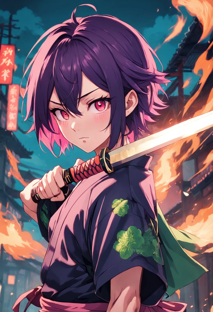 Homem, , cabelo curto cacheado na cor rosa claro ou roxa, left eye with purple coloration, left eye with green coloration, brincos pequenos, tattoo on the left arm, Right arm wielding a fire katana, camisa preta, black pant, Kimono in pink coloring in feudal Japan style