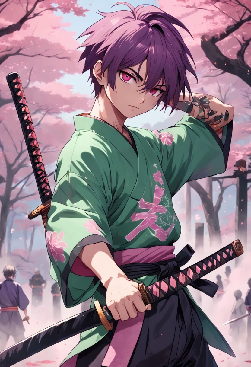 Homem, 17 anos, cabelo curto cacheado na cor rosa claro ou roxa, left eye with purple coloration, left eye with green coloration, brincos pequenos, tattoo on the left arm, Right arm wielding a fire katana, camisa preta, black pant, Kimono in pink coloring in feudal Japan style