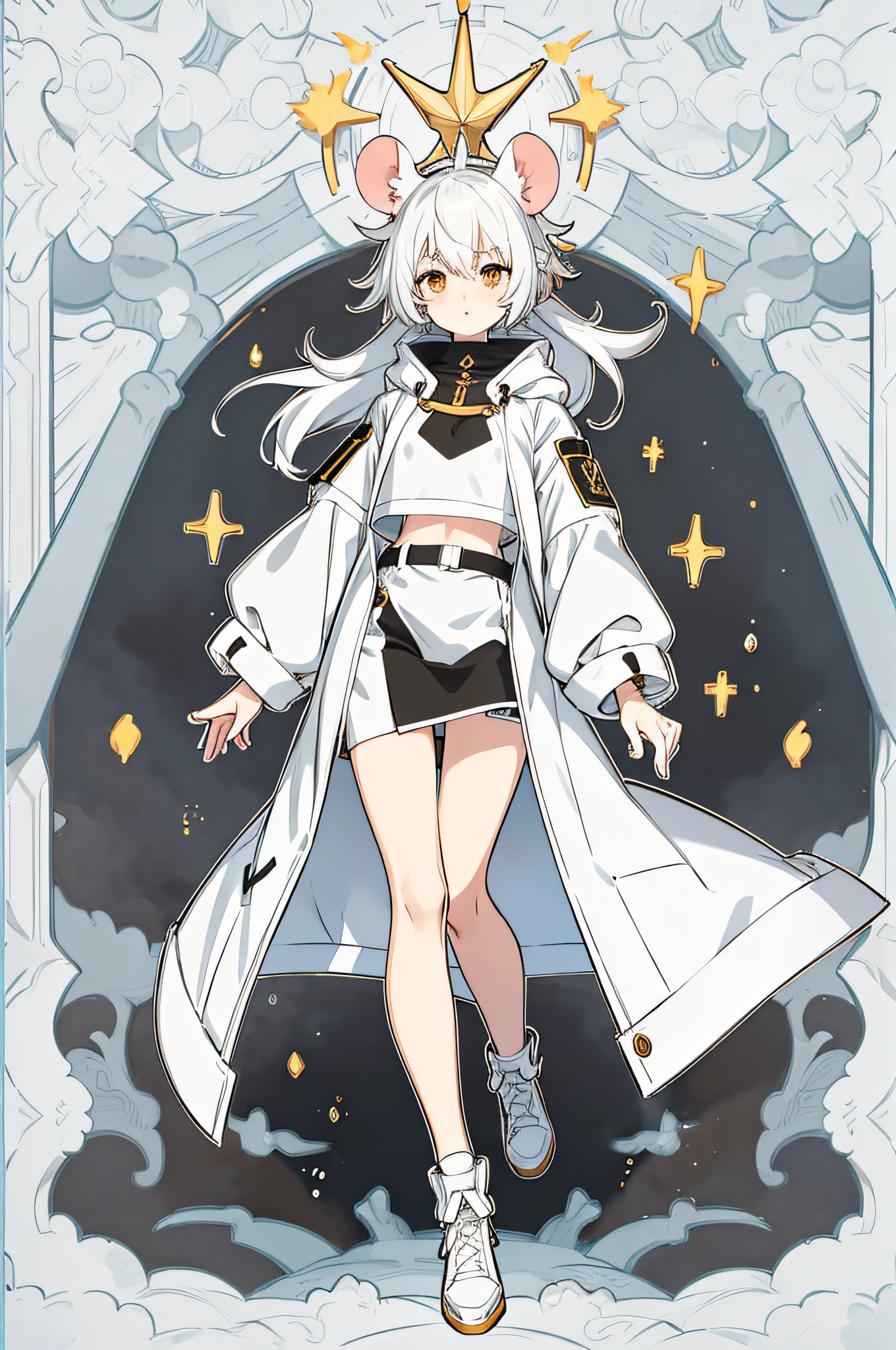 2D Beautiful Girl，solo person，a warm color palette，Mouse ears，two tone color hair，White color hair，Crop tops，The character is in the center of the frame，Full body like，orthofacial，Bare legged，Stand up straight，Stand naturally，Heteropupil，leg loops，wind coat，wearing headphone