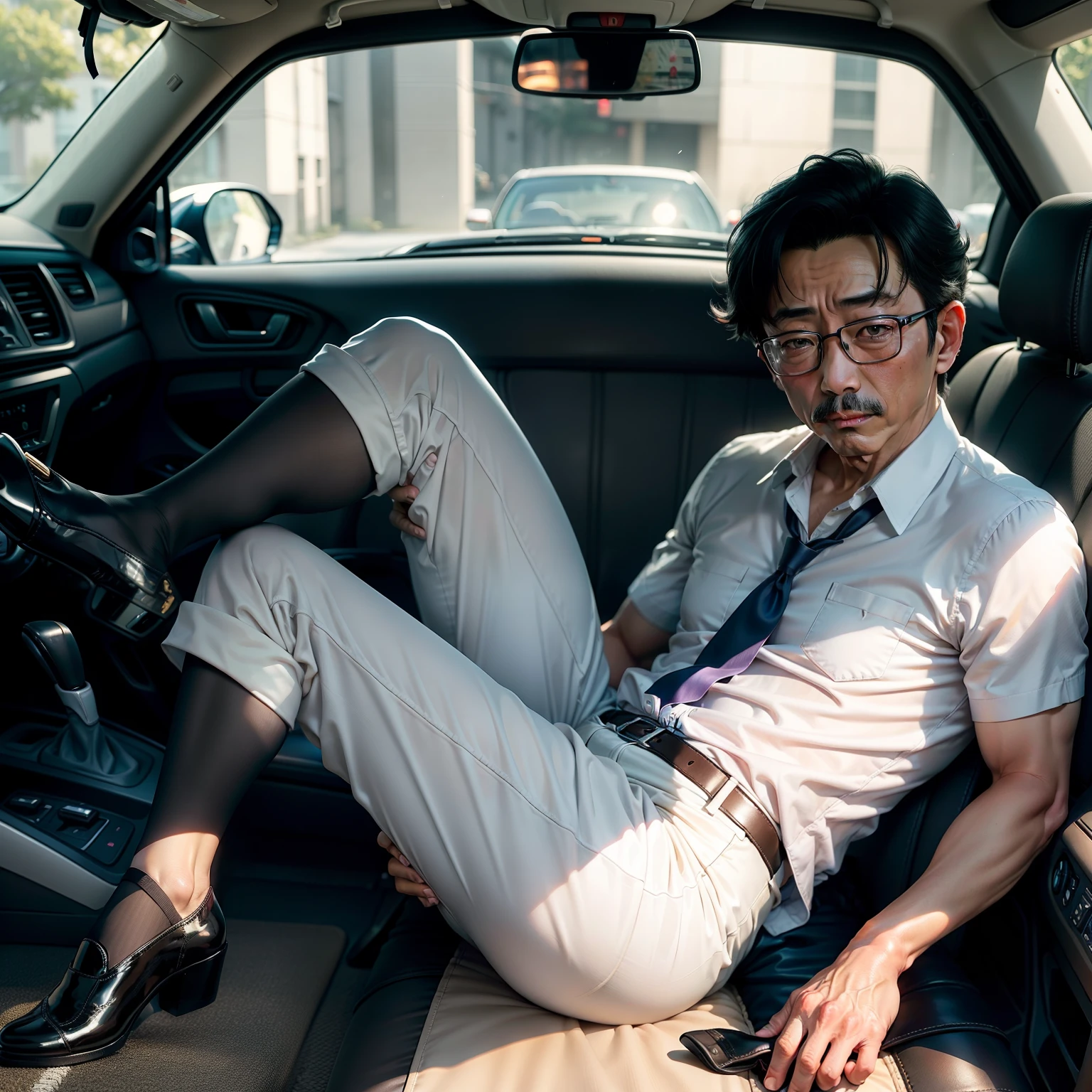 age 55，Kogoro Mouri，fathery，Tong，Bulge，Sitting in the car，Black short stockings，Slip shoes，(There is milky translucent mucus under the sole)