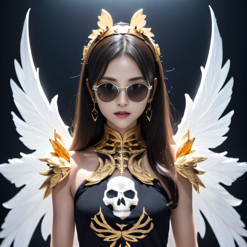 Dark moonlit night,Transparent wings,Magic wand,Wear thick gold-framed reflective sunglasses,32K(tmasterpiece,k hd,hyper HD,32K)Light orange flowing hair,Silver Skull jewelry district in an abandoned pond,Indigo Skull King ,Skeleton protector (The skeleton is realistic:1.4),Skull pattern robe,Silver skull flower ornaments,Petals flutter,Colored ball heads,Hold your head high,Be proud,The nostrils look at people, A high resolution, the detail, RAW photogr, Sharp Re, Nikon D850 Film Stock Photo by Jefferies Lee 4 Kodak Portra 400 Camera F1.6 shots, Rich colors, ultra-realistic vivid textures, Dramatic lighting, Unreal Engine Art Station Trend, cinestir 800,Hold your head high,Be proud,The nostrils look at people,Tsundere,Petals flutter,Petals flutter,Sprinkle with gold dust,Fluttering,Impeccable,( reasonable design, Clear lines, High sharpness,Best quality, Very detailed skeleton, The skeleton of a masterpiece, offcial art, movie light effect, 4K skeleton(((Wear thick gold-framed reflective sunglasses)))Transparent wings,Magic wand,