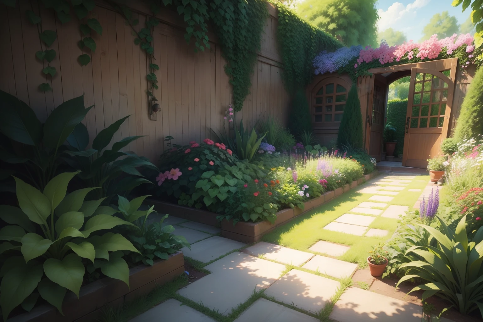 With a stroke, her canvas transformed into ((a lush garden)), cartoon style,,full focus in the garden,,