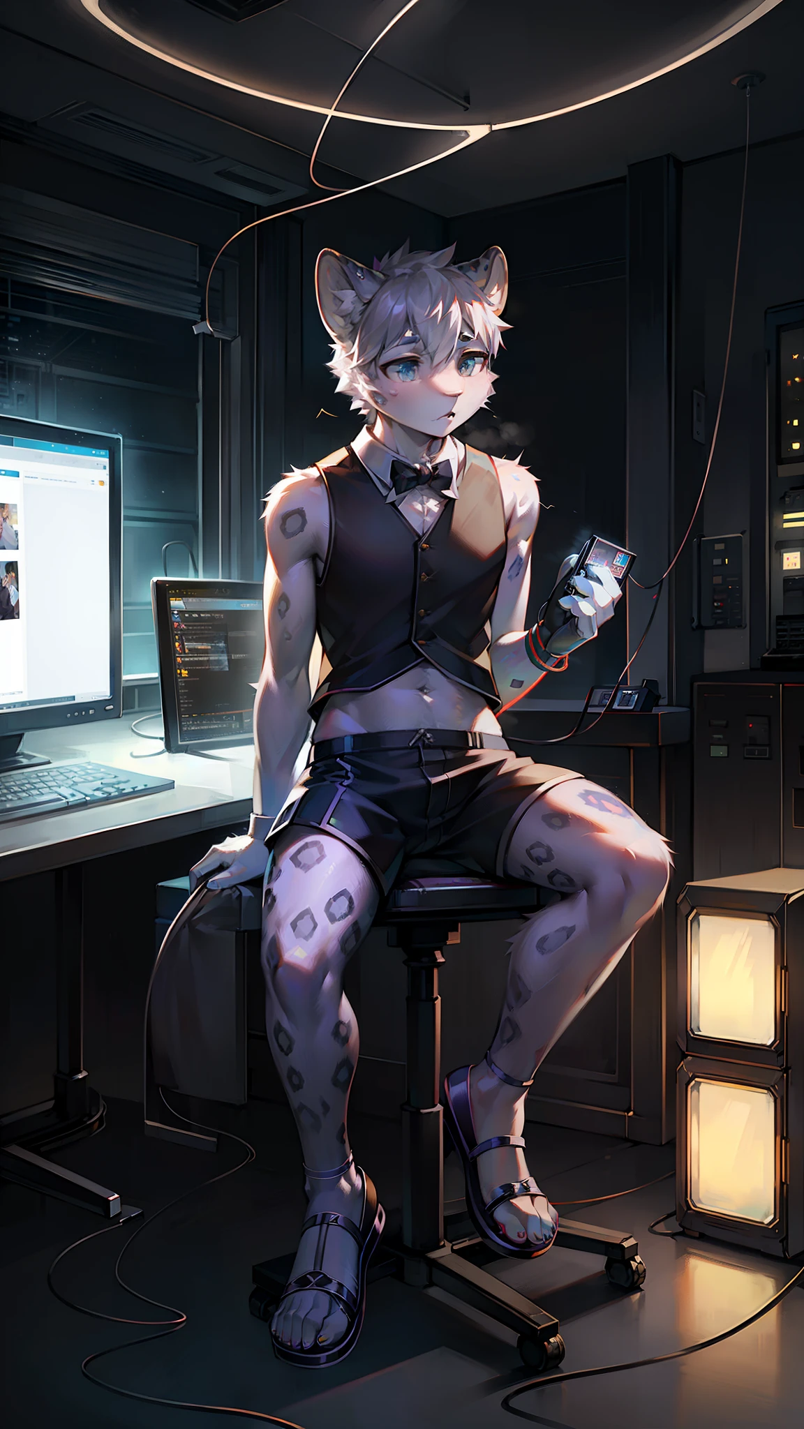 robot Leopard,Wear white vest,Black shorts,sandals。electrical wires,Electric currents,Computer,sit on a bed,(photo-realistic)