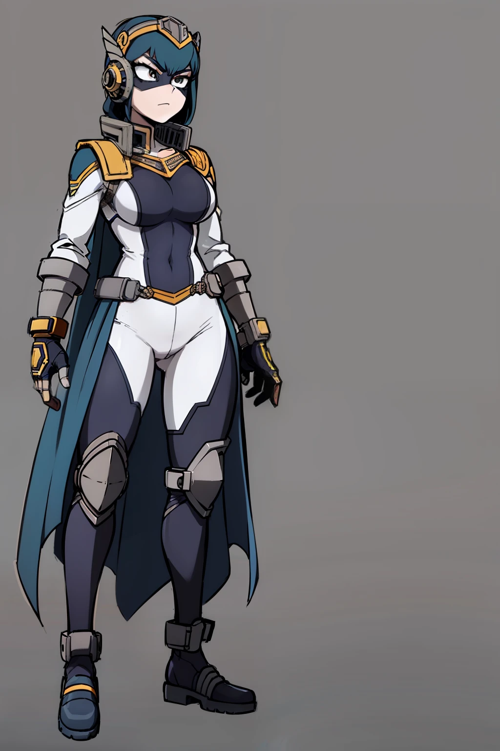 My Hero Academia style, anime Girl, female, trending on artstation pixiv, (full body shot: 0.5), wide hips, wide thighs, large breast, Head covering, helmet, face covering, mask, Hero costume, full body costume, white costume with blue and gray details, Blue cape, super detailed, Perfect anatomy,