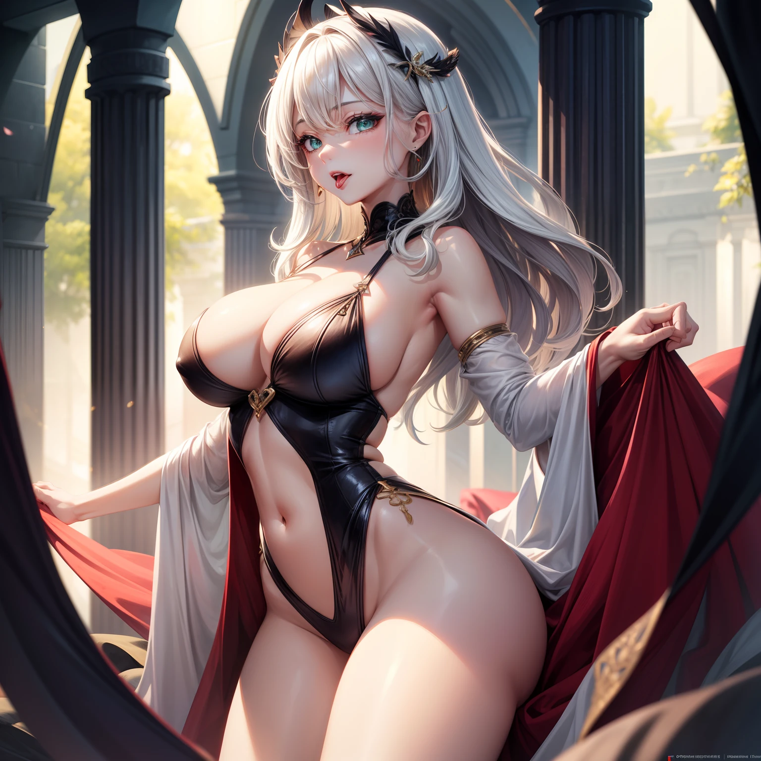An ultra-high picture quality, Super Detail, 超A high resolution, Lip Focus, Beautiful sexy girl, Red seductive moist thick lips, tongue, Saliva, Ecstatic expression, Amorous expression, Seductive look, White shiny flowing layered messy wavy short hair, Big eyes that shine emerald green, , Large breasts, under the boobs, sideboob barbosa, great proportion, perfectly proportions, slender, Full body, Armpit