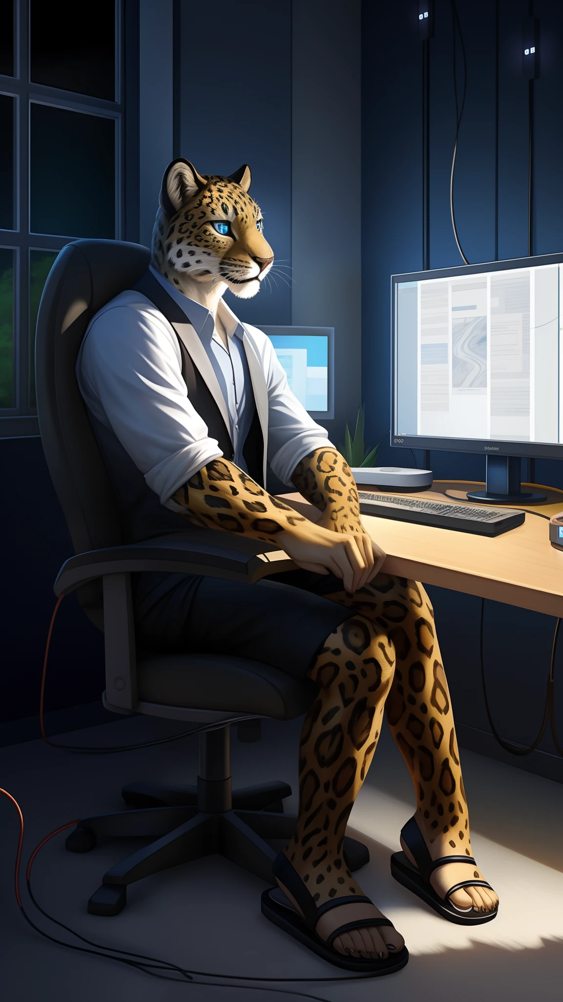 robot Leopard,Wear white vest,Black shorts,sandals。electrical wires,Electric currents,Computer,sit on a bed,(photo-realistic)