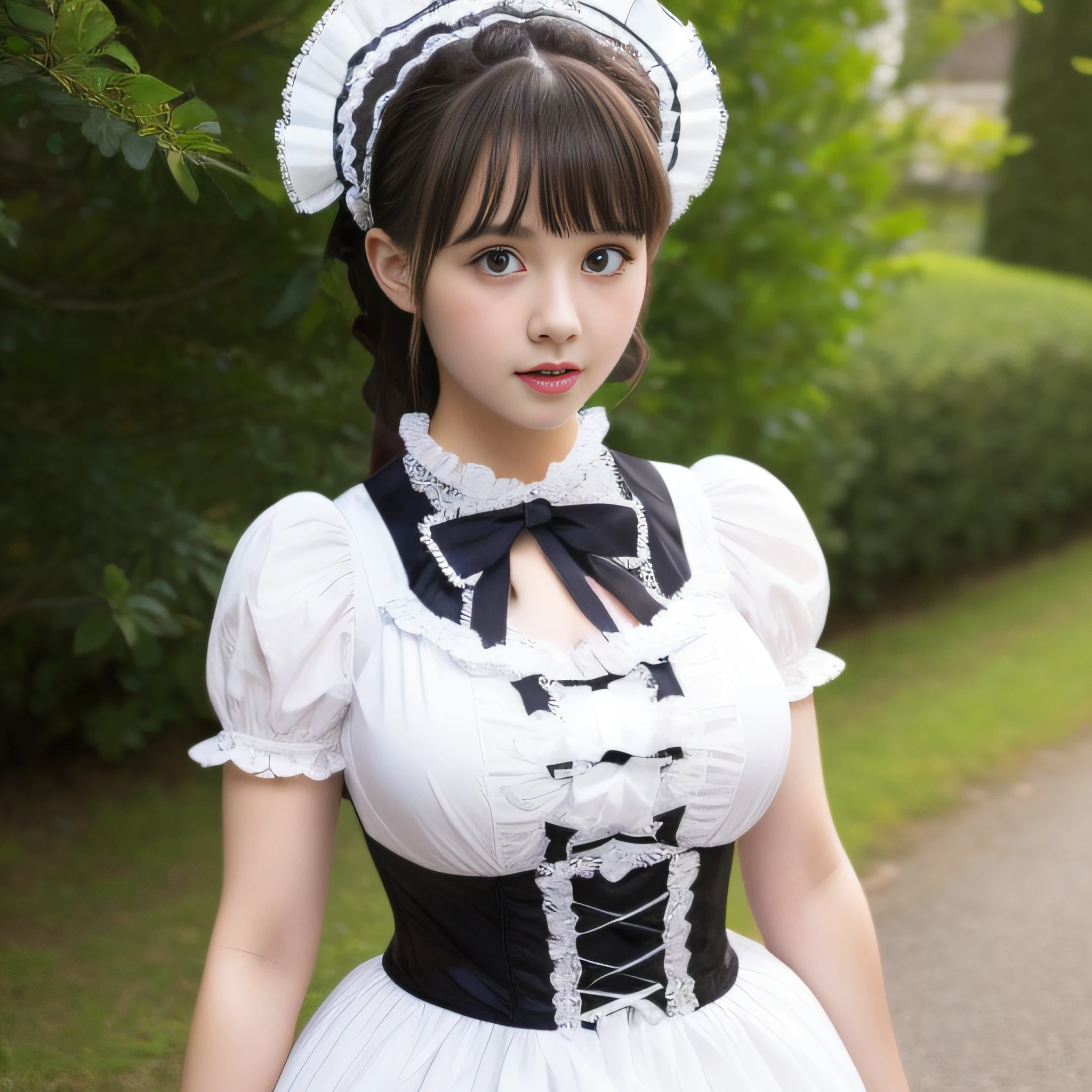 A girl in a Lolita dress,28 year old,The bust is huge,fully body photo