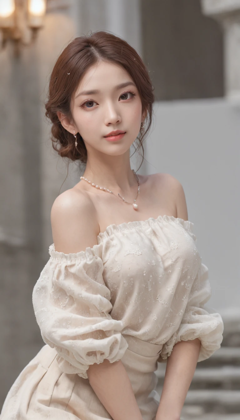 ((from below)), ((full body)), ((realistic)), (((off shoulder clothes))),  1girll, Pose for a picture, Korean model, (An extremely delicate and beautiful work), (Masterpiece),(The shirt, short  skirt), Highly detailed, curlies, long whitr hair, Delicate pearl necklace, Delicate earrings, Simple blurred background, Extreme detail description, Ultra-fine painting, Delicate face, slim toned body, Fine collarbones, mix4,(8K, RAW photo, best qualtiy, Masterpiece:1.2), the night, nevando, Professional lighting, フォトンマッピング, ラジオシティ, Physically-based rendering, (correct hand), (anatomy correct)