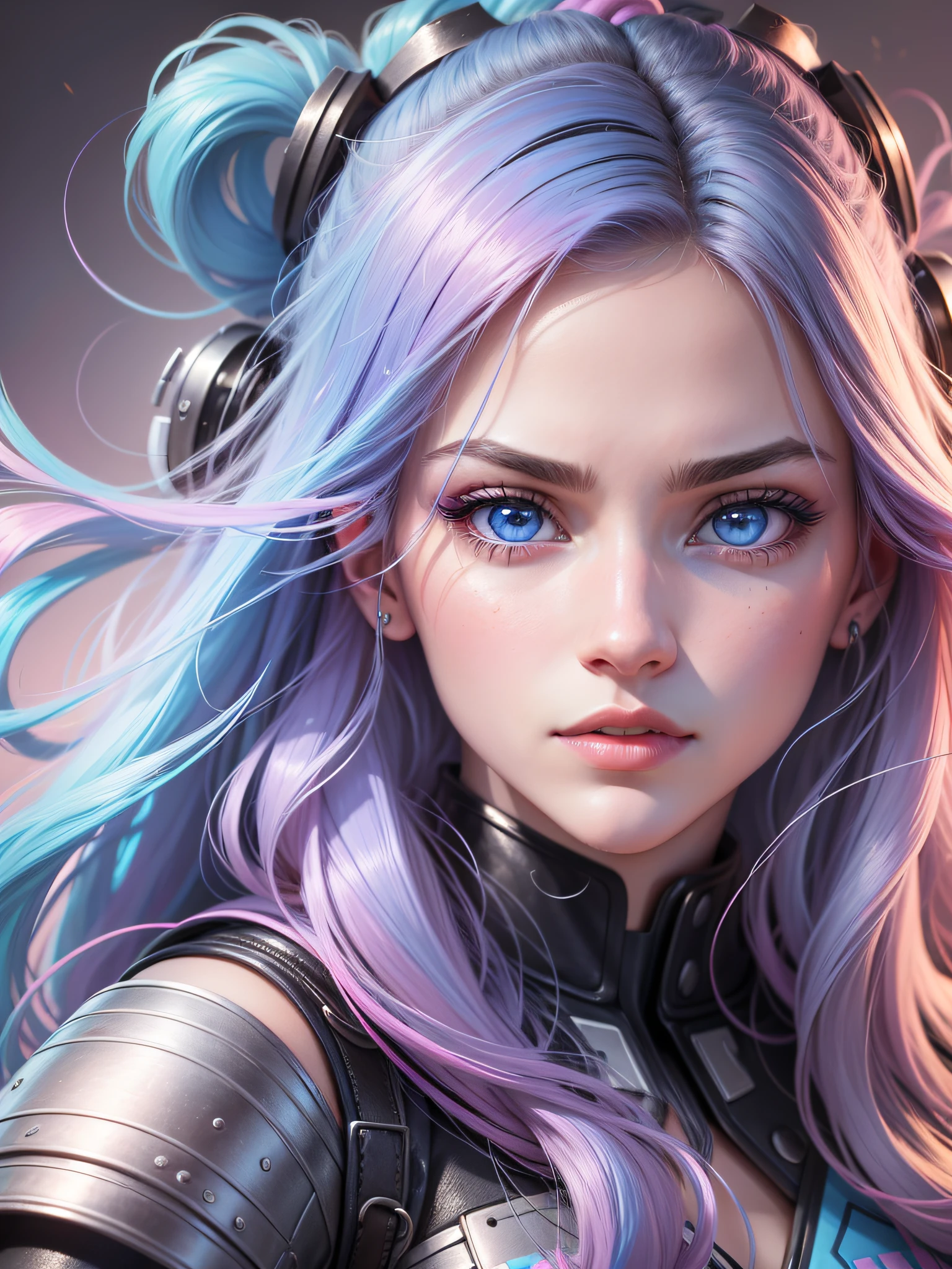 'Close up portait beautiful girl, prated hair, blue eyes, in modern fighting costume, hyper realistic, pastel colors, complementary colors, soft colors, vibrant colors, dramatic colors, vaporwave, retrowave, black and white, colorfull, artochrome, highly detailed, 4K'