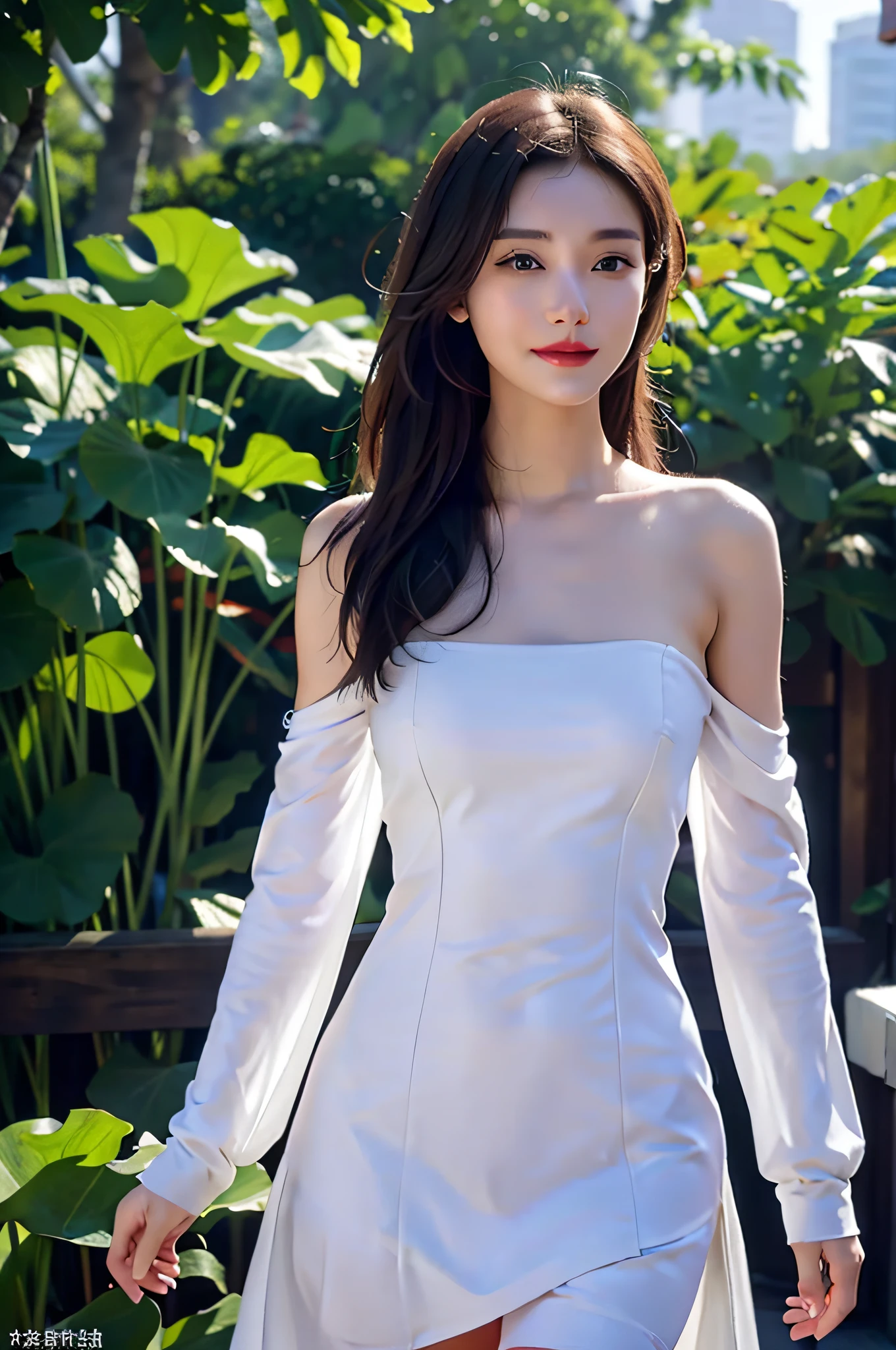 masterpiece,highest quality,exquisite details,amazing art,realistic details,pretty face,real skin,8K,RAW,
1girl,large breasts,white_dress,bare_shoulders,full body,(dark purple tone),giant lotus leaf,dress,looking at the audiences,long sleeves,red lips,smile,depth of field,bokeh,xiayuhe,