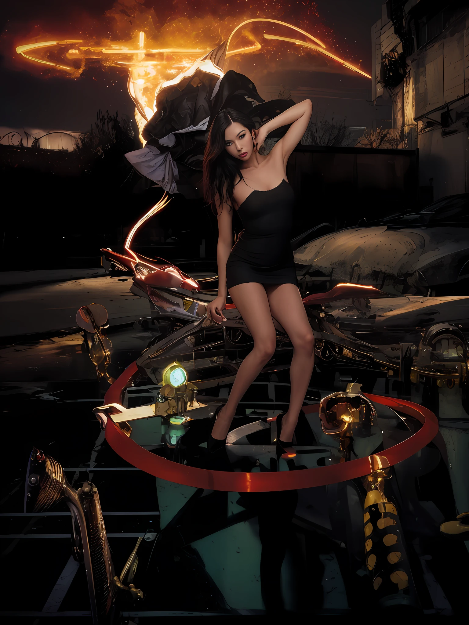 arafed woman in a black dress posing for a picture, wearing a tight black dress, wearing black dress, photo of slim girl model, skintight black clothes, wearing a black dress, she is wearing a black dress, beautiful woman in a black dress, cindy avelino, glamour pose, posing in dramatic lighting, model with attractive body, glamorous pose, cars around abandoned gas station sign made from a rocket beautiful blue sky Clutter-Home (AtomPunkStyleSD15:1.0), (masterpiece:1.2) (photorealistic:1.2) (bokeh) (best quality) (detailed skin) (intricate) (8k) (HDR) (cinematic lighting) (sharp focus), model skin tone must super detail , model have back high light