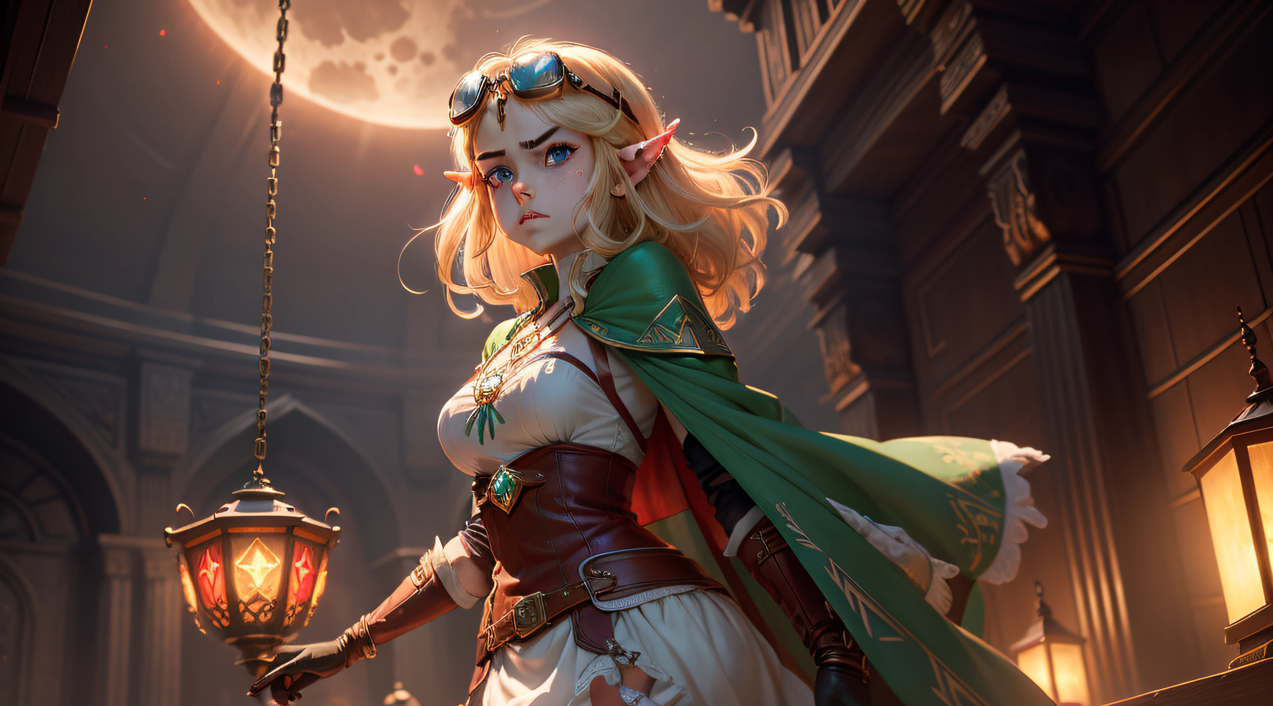 Beautiful, Masterpiece, Top Quality, Unrivaled, Romantic, Contemplative, Emotional Depth, Supernatural, Zelda, elf, blonde, TOTK, triforce, long white dress, long dress, short hair, green and gold jewelry, round goggles, glowing jewelry, leather goggles, blood moon, red moon, large moon, red sky, red clouds, night, dark, triforce necklace, triangles, three triangles, cute, anime, leather gloves, cotton dress, red lighting, magic spell, steampunk, green glow, large eyes, floating, blue cape, botw style, 1 girl, angry