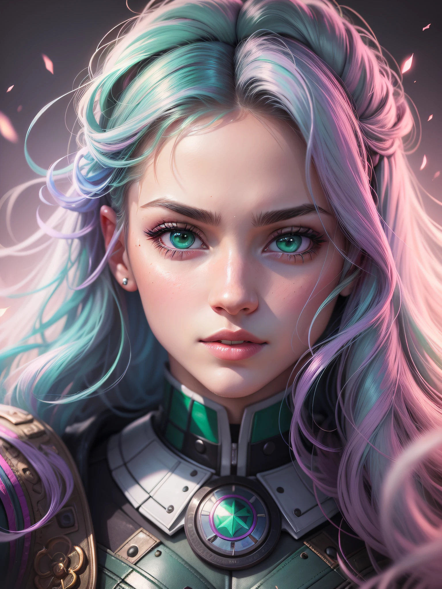 'Close up portait beautiful girl, prated hair, green eyes, in modern fighting costume, hyper realistic, pastel colors, complementary colors, soft colors, vibrant colors, dramatic colors, vaporwave, retrowave, black and white, colorfull, artochrome, highly detailed, 4K'
