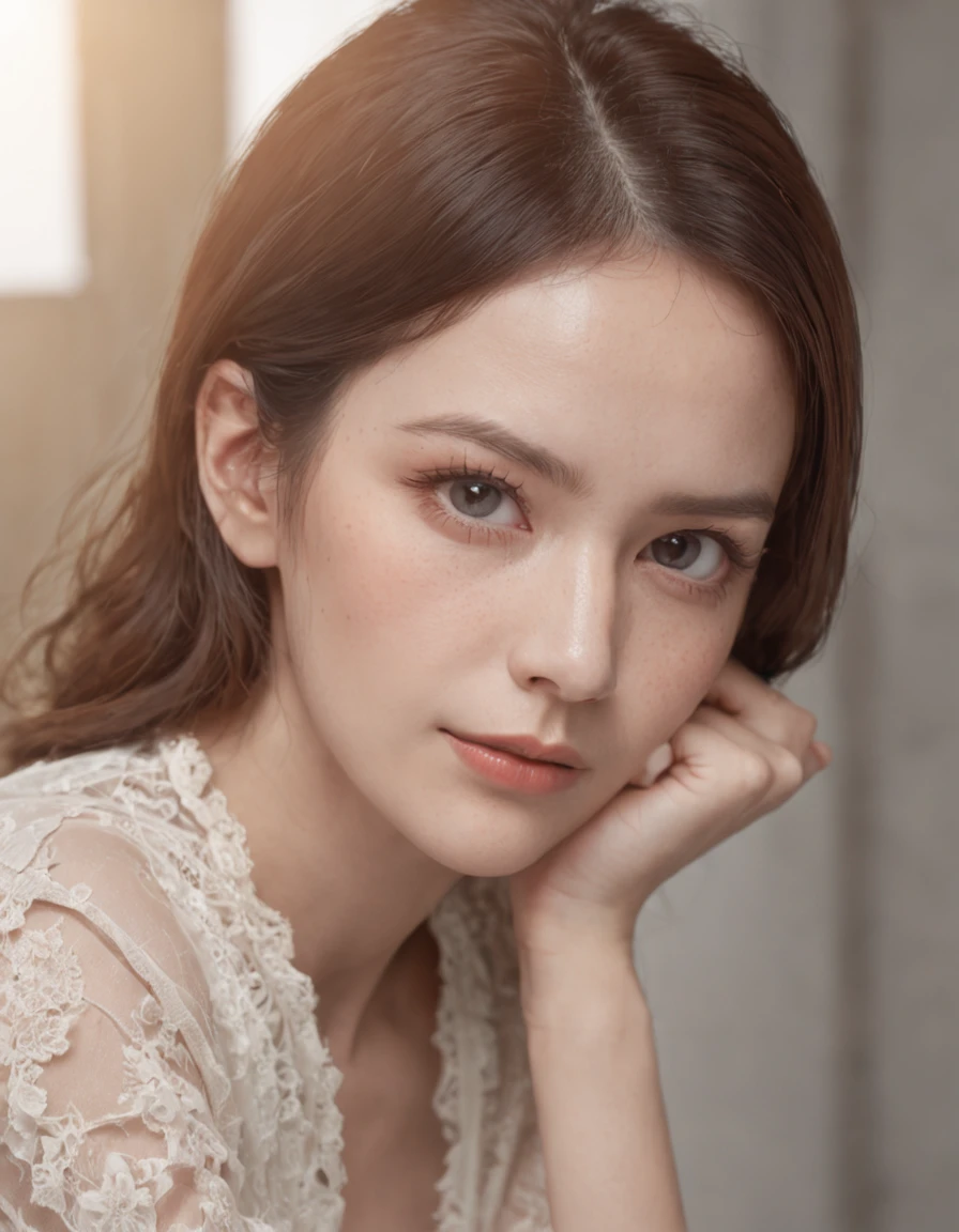 (surreal), (illustrated), (high resolution), (8K), (extremely detailed), (best illustrated), (beautifully detailed eye), (best quality), (super detailed), (masterpiece), (background), (detailed face), solitary, (dynamic pose), 1 26 year old woman , in living room, unbuttoned shirt, Shiny skin, beautiful delicate face, perfectly symmetrical face, glasses, smirk , reddish-brown hair, ((reflective shirt)), (moderate chest), (black socks), thin shorts (without panties), (without bra).