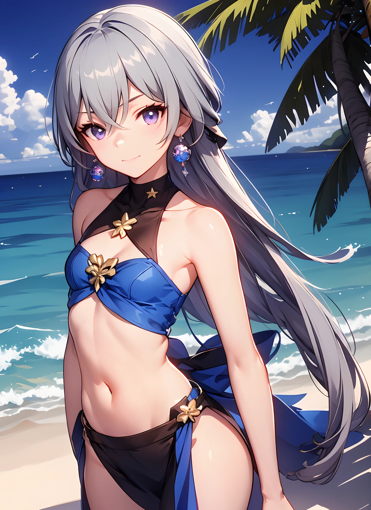 ph bronya, 1girl, solo, earrings, long hair, grey hair, drill hair, grey eyes, masterpiece, best quality, highres, 1girl, solo, fang, skin fang, short hair, (mole on thigh:0.8), bangs, hair behind ear, purple eyes, hair ornament, emotionless, beach, squatting, small chest, short height, little girl, flat chest, small, cleavage, ((bare shoulder)), exposed, loose shirt, navel, presenting armpit